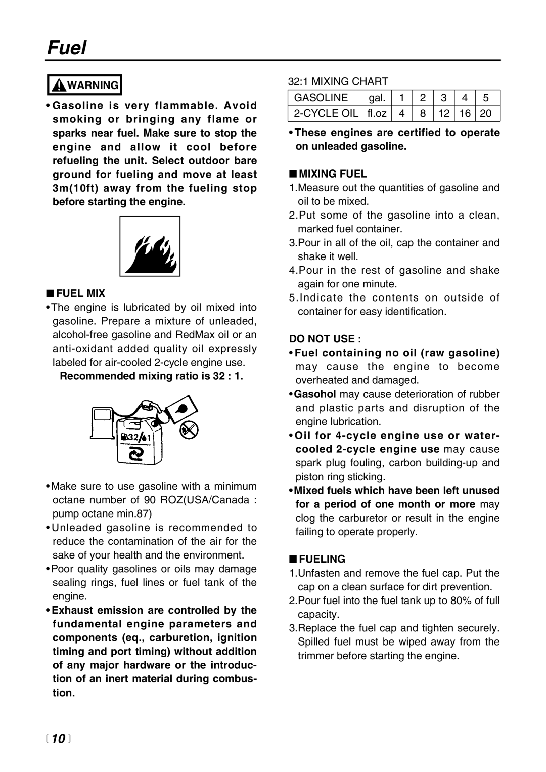 Zenoah LRT2300 manual Fuel MIX, Mixing Fuel, Do not USE, Fueling 