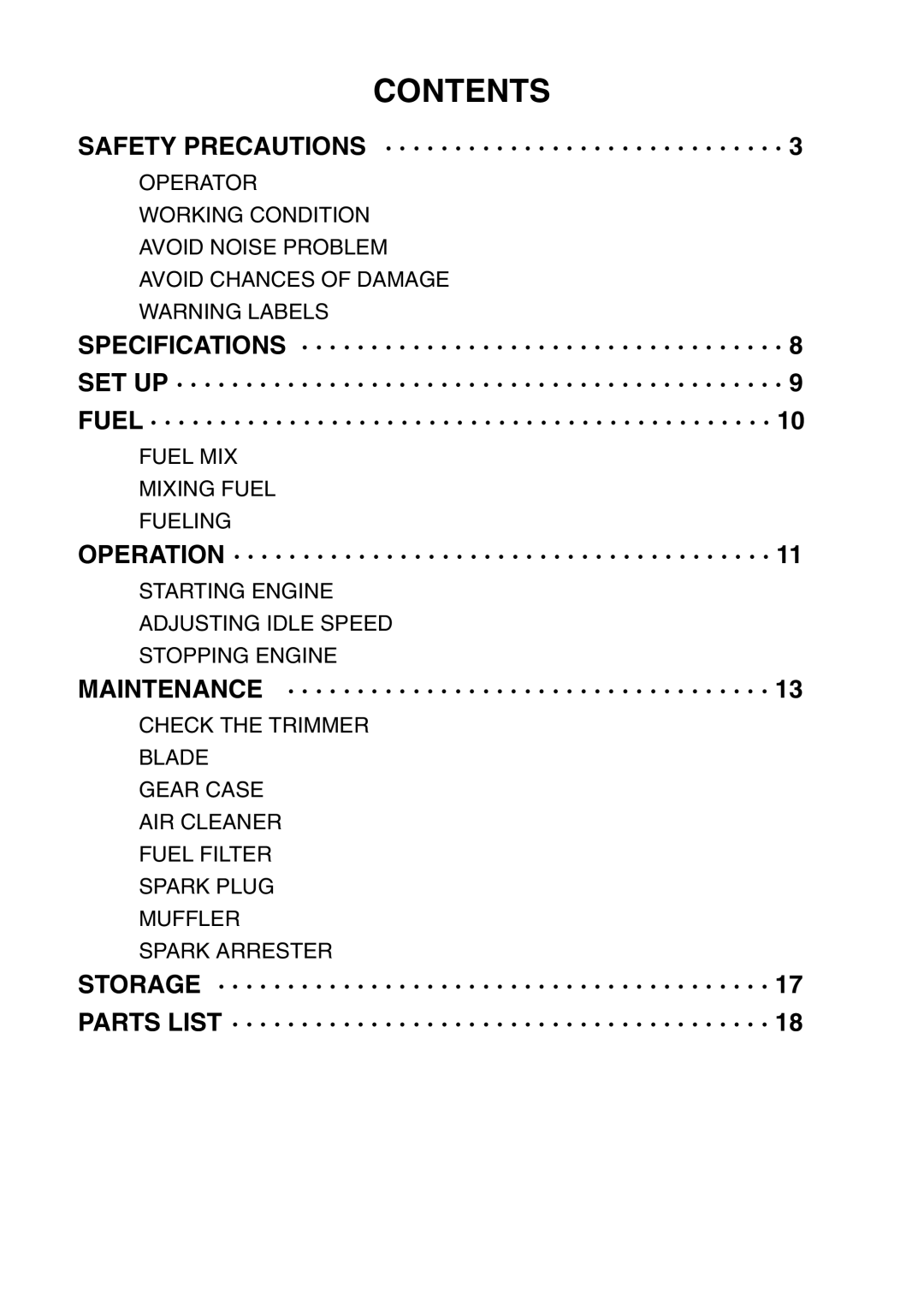 Zenoah LRT2300 manual Contents 