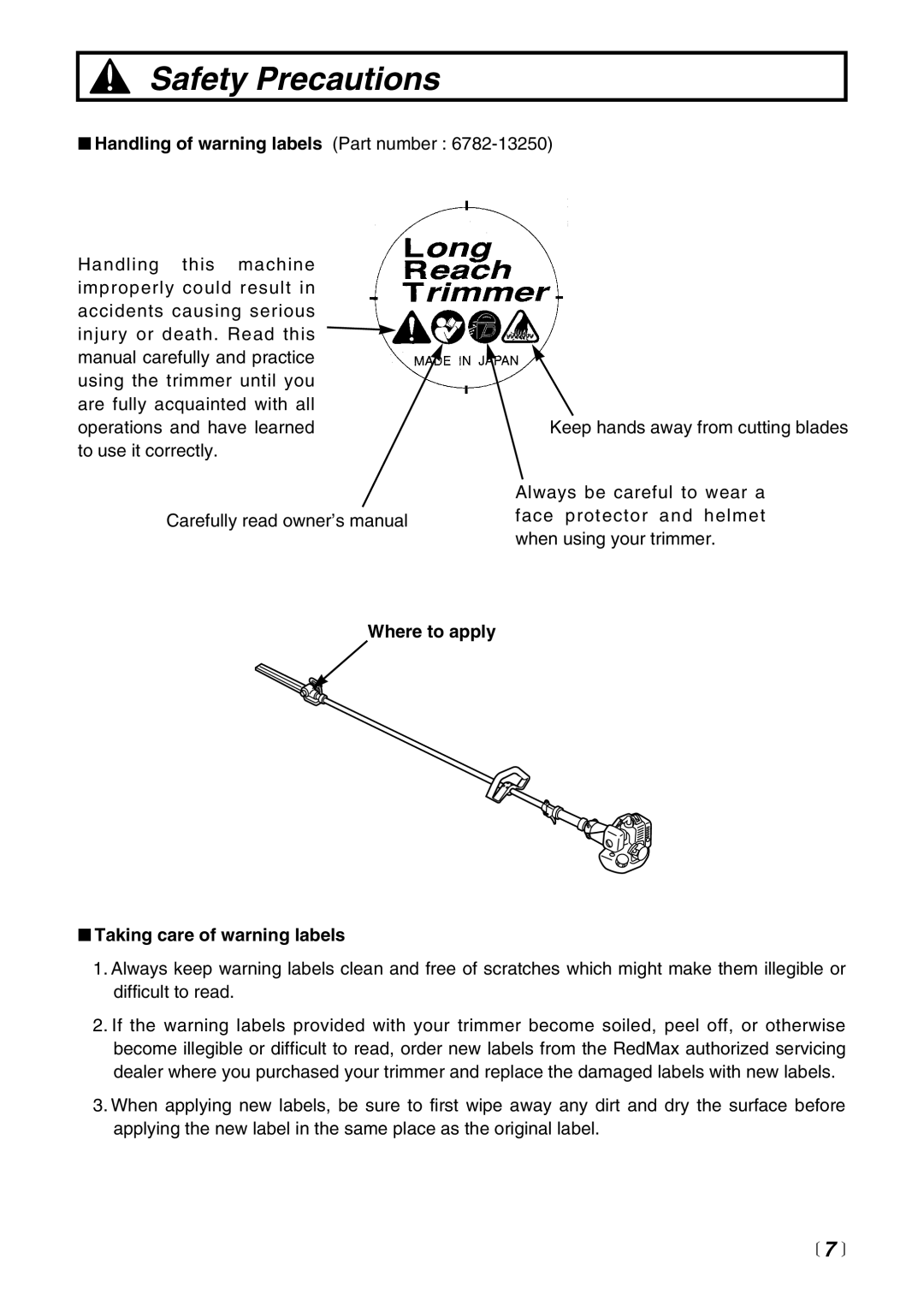 Zenoah LRT2300 manual Handling of warning labels Part number, Where to apply Taking care of warning labels 