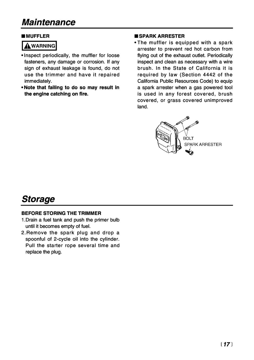 Zenoah LRT2300 manual Storage, Maintenance, 17 , Muffler, Spark Arrester, Before Storing The Trimmer 