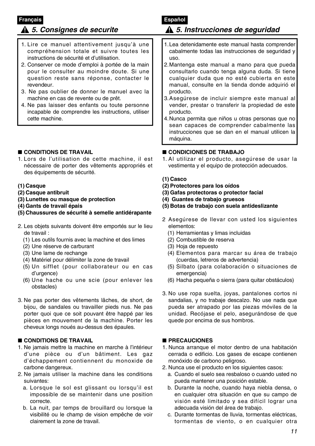 Zenoah LRTZ2401-CA manual Consignes de securite Instrucciones de seguridad, Conditions DE Travail, Condiciones DE Trabajo 