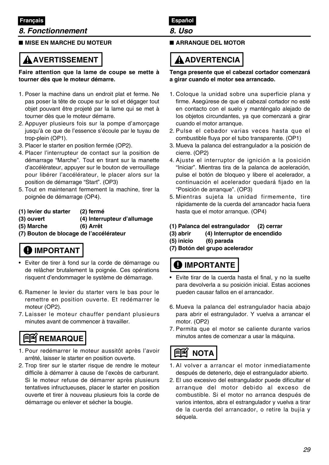 Zenoah LRTZ2401-CA manual Fonctionnement Uso, Palanca del estrangulador 2 cerrar 