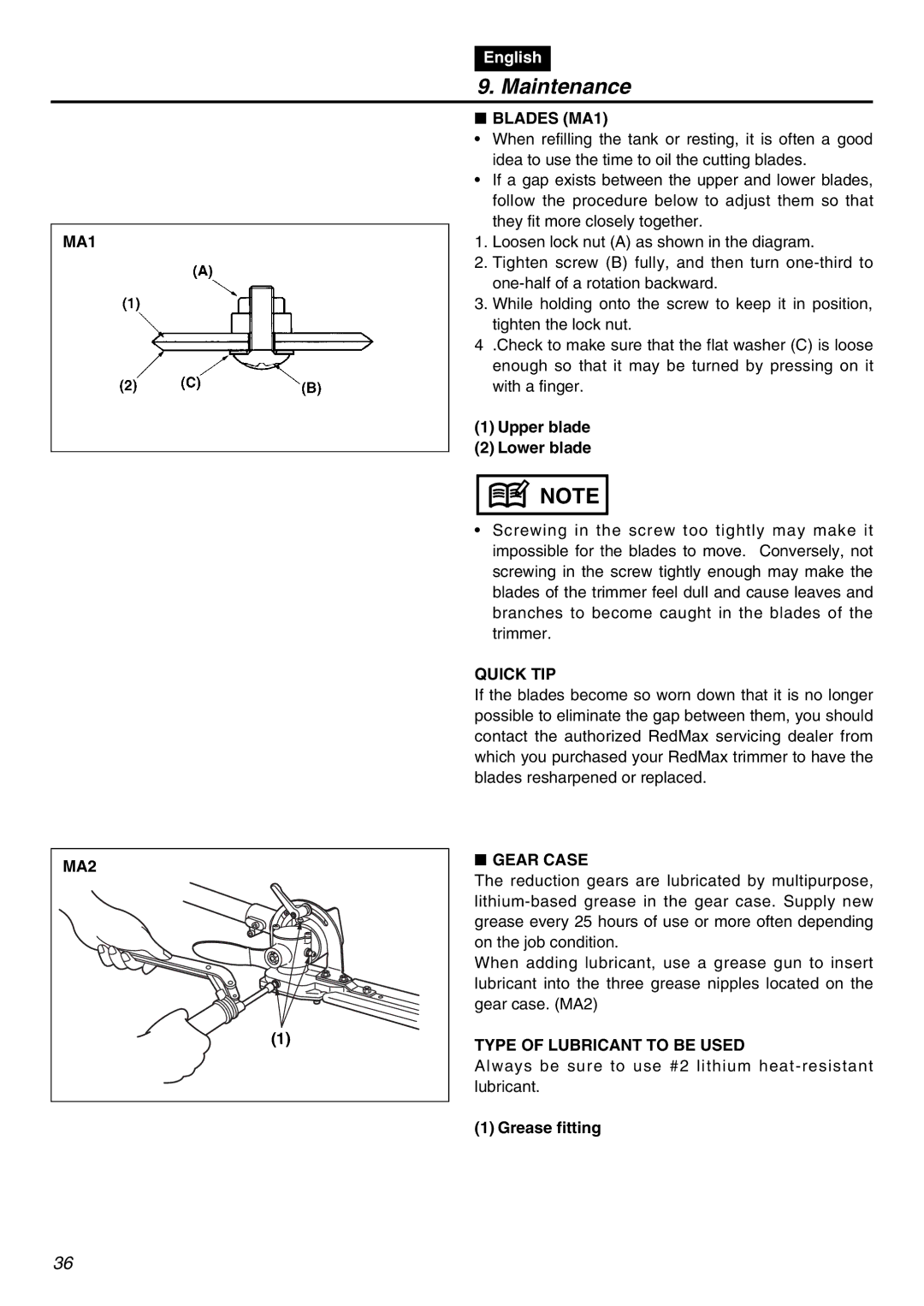 Zenoah LRTZ2401-CA manual Blades MA1, Quick TIP, MA2, Gear Case, Type of Lubricant to be Used 