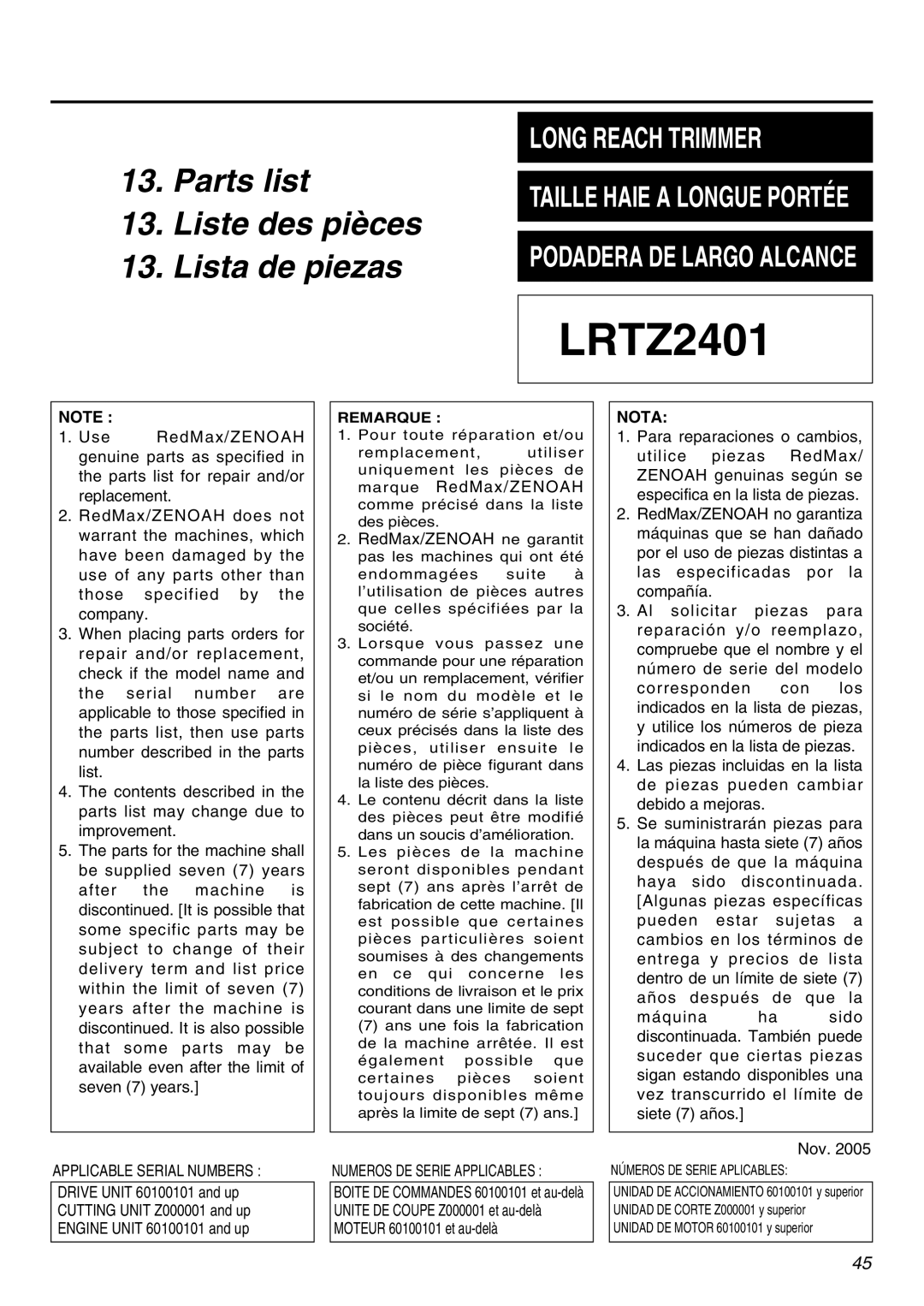 Zenoah LRTZ2401-CA manual Nota 