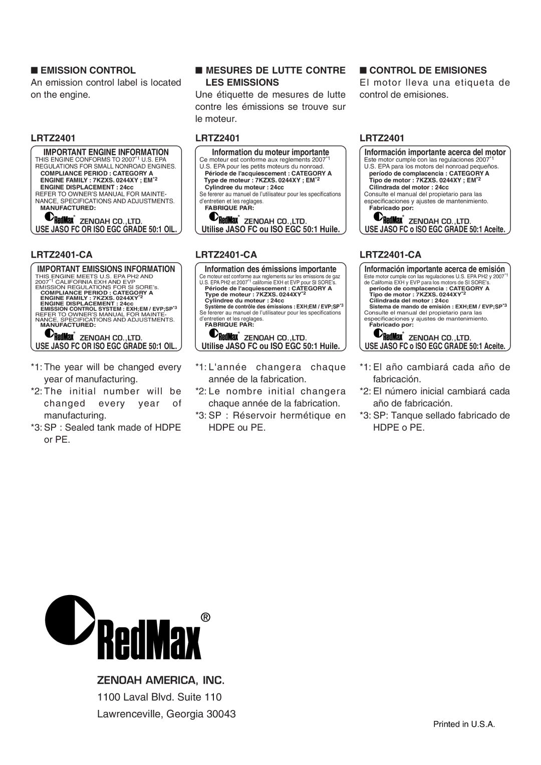 Zenoah LRTZ2401-CA manual An emission control label is located, LES Emissions, El motor lleva una etiqueta de 