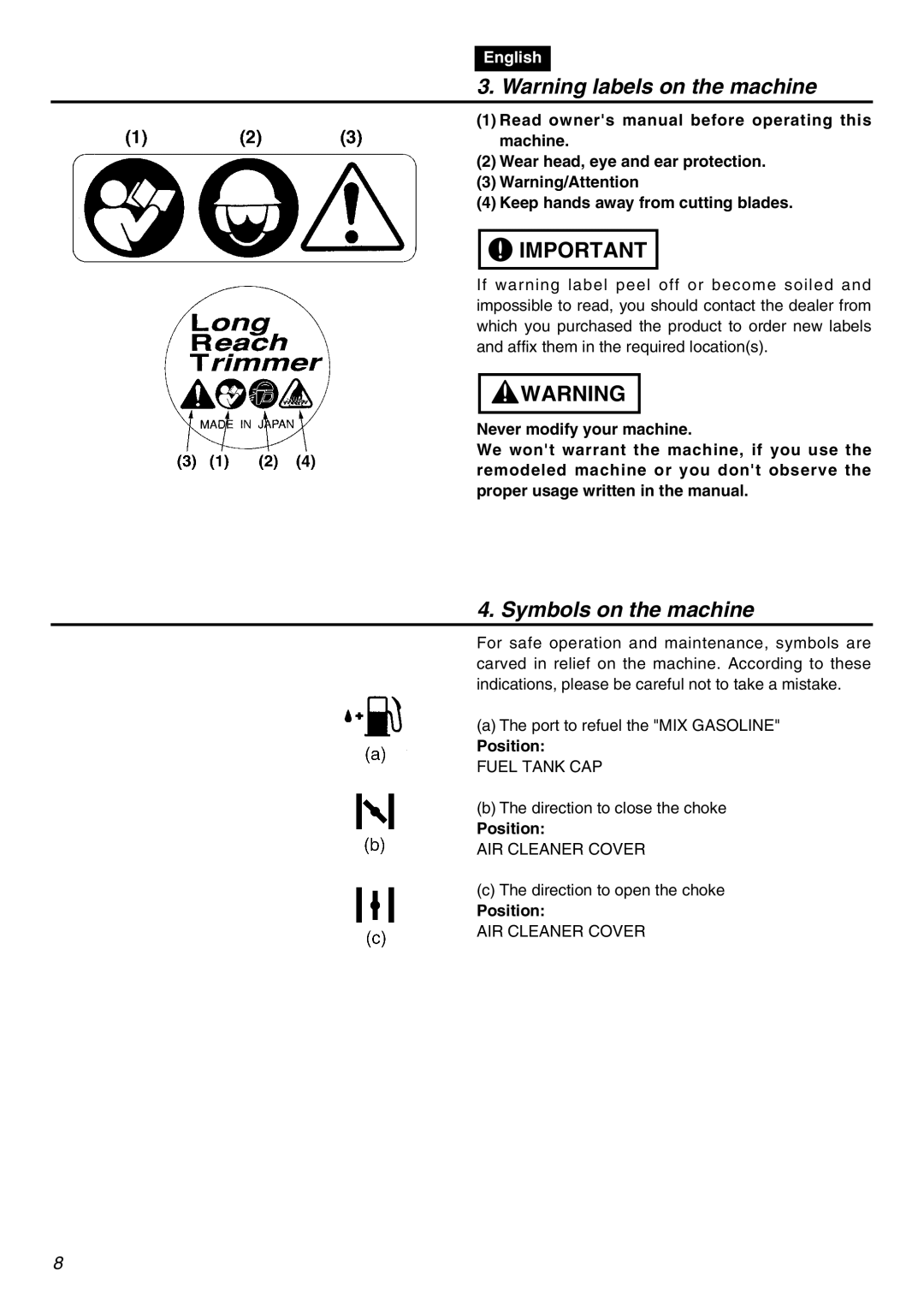 Zenoah LRTZ2401-CA manual Symbols on the machine, Position 