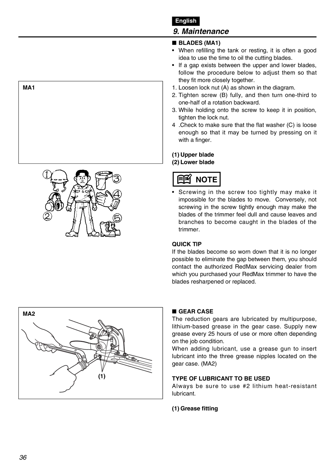 Zenoah LRTZ2401 manual Blades MA1, Quick TIP, MA2, Gear Case, Type of Lubricant to be Used 