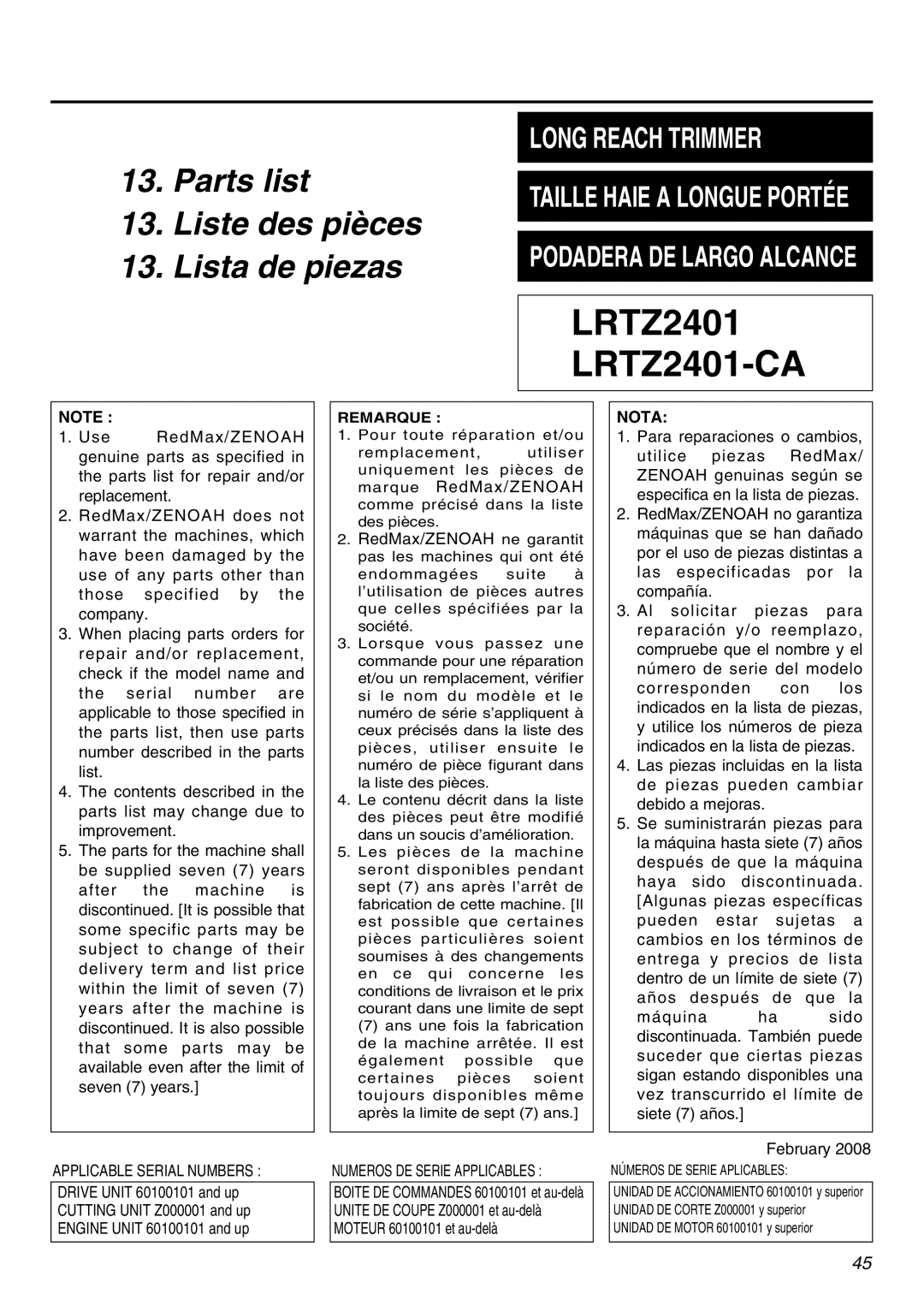 Zenoah manual LRTZ2401 LRTZ2401-CA, Nota 