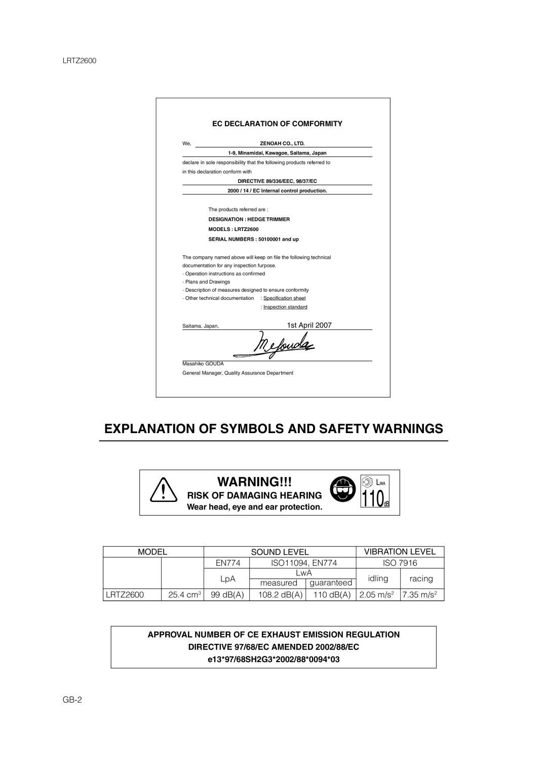 Zenoah LRTZ2600 owner manual Wear head, eye and ear protection, LpA LwA Idling Racing, E13*97/68SH2G3*2002/88*0094*03, GB-2 