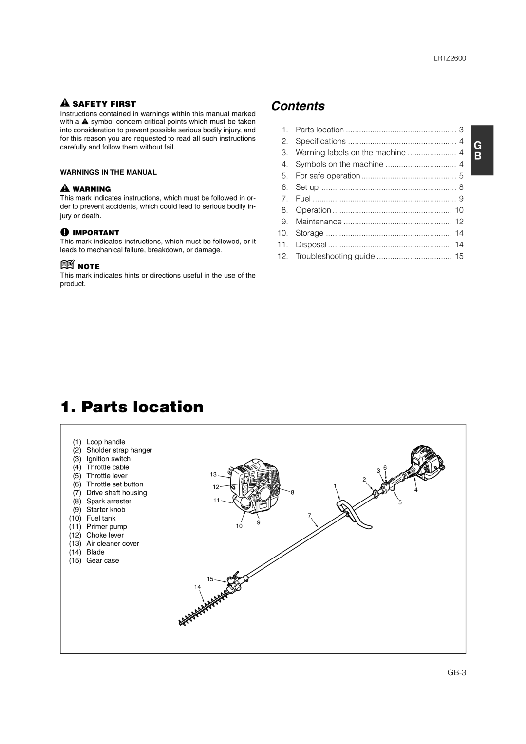 Zenoah LRTZ2600 owner manual Parts location, Contents 