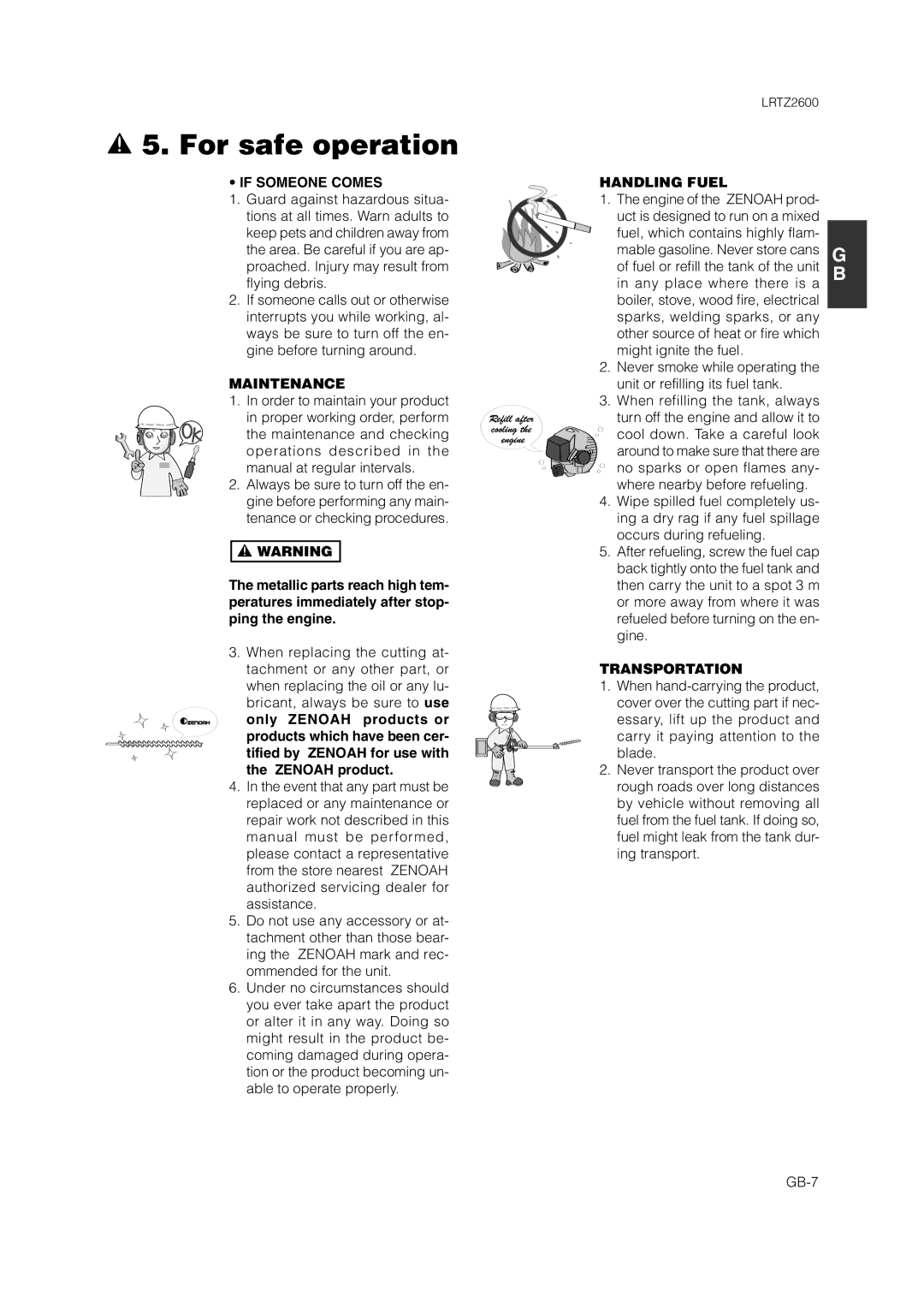 Zenoah LRTZ2600 owner manual If Someone Comes, Maintenance, Handling Fuel, Transportation 