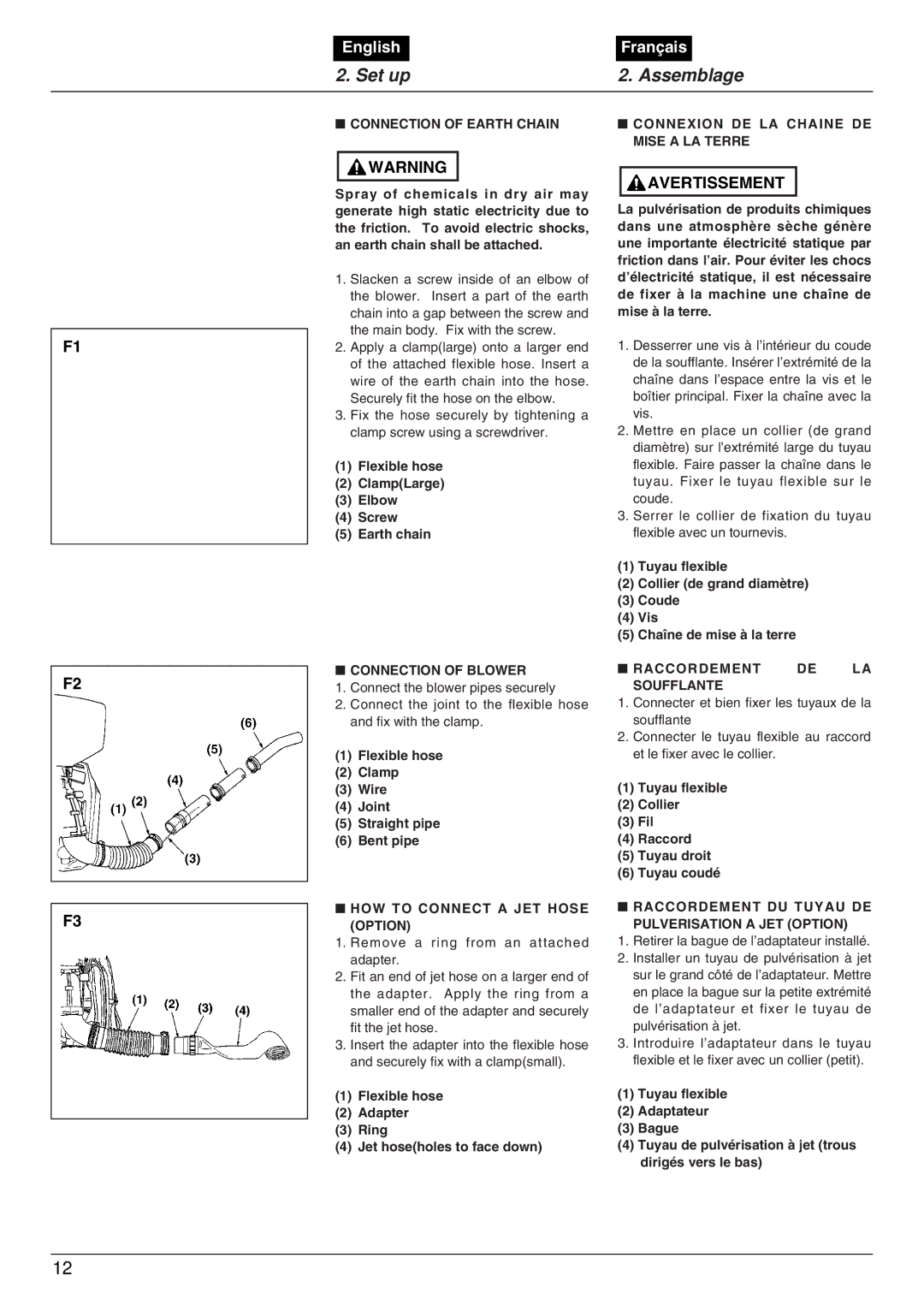 Zenoah MD6210 manual Set up Assemblage, Connection of Blower, HOW to Connect a JET Hose Option, Raccordement Soufflante 