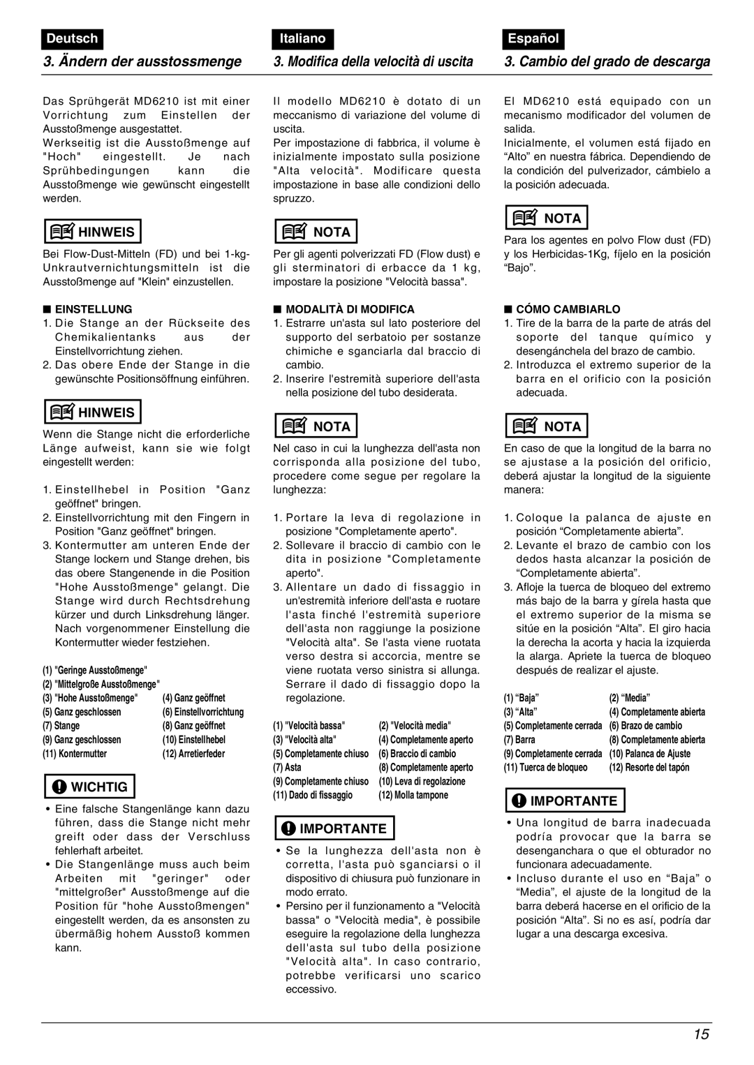 Zenoah MD6210 manual Ändern der ausstossmenge, Einstellung, Modalità DI Modifica, Cómo Cambiarlo 