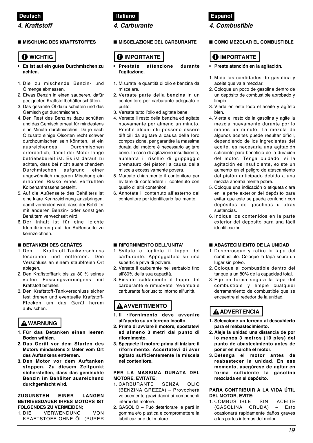 Zenoah MD6210 manual Betanken DES Gerätes, Rifornimento DELL’UNITA’, PER LA Massima Durata DEL MOTORE, Evitate 