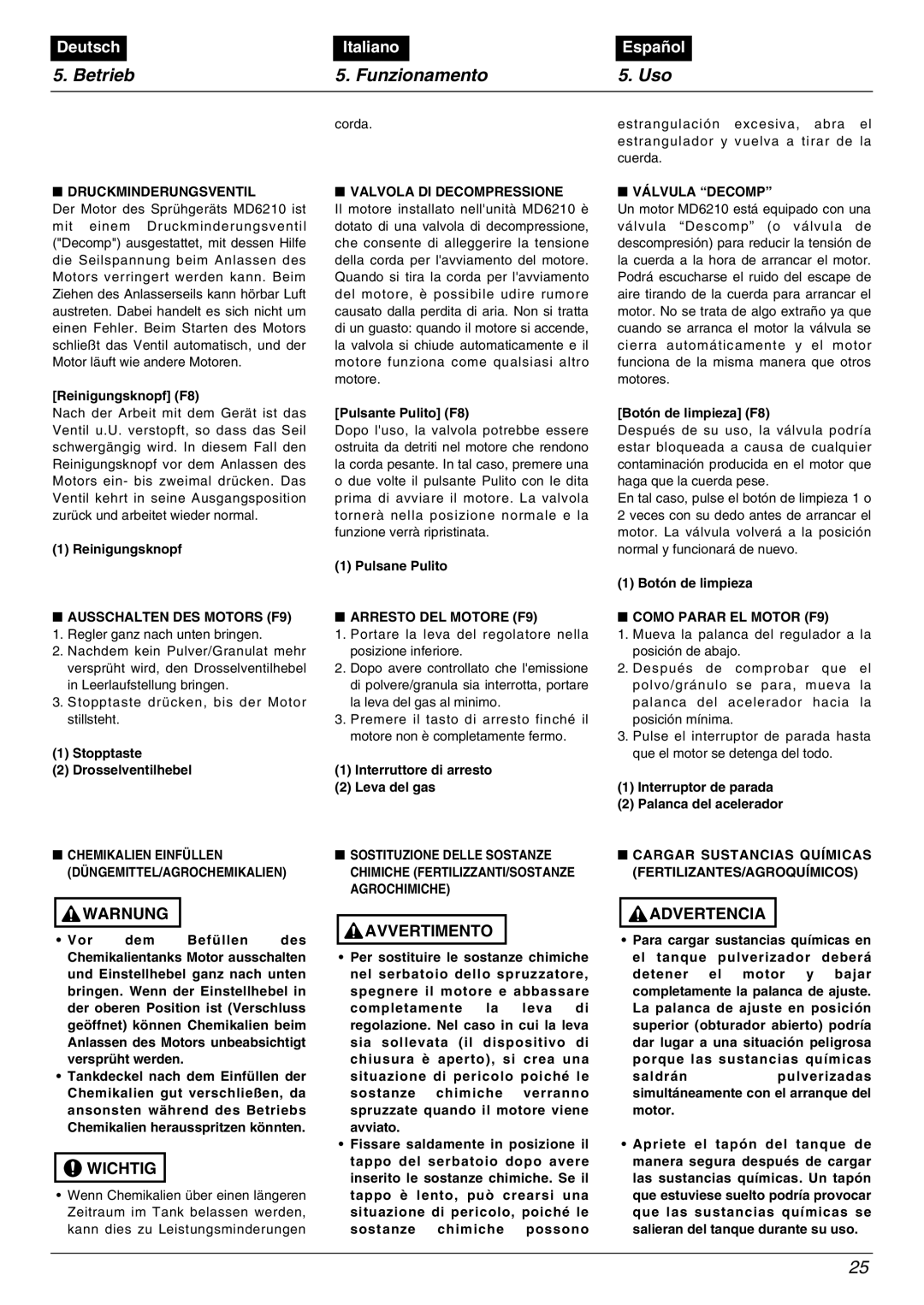 Zenoah MD6210 manual Ausschalten DES Motors F9, Arresto DEL Motore F9, Como Parar EL Motor F9 