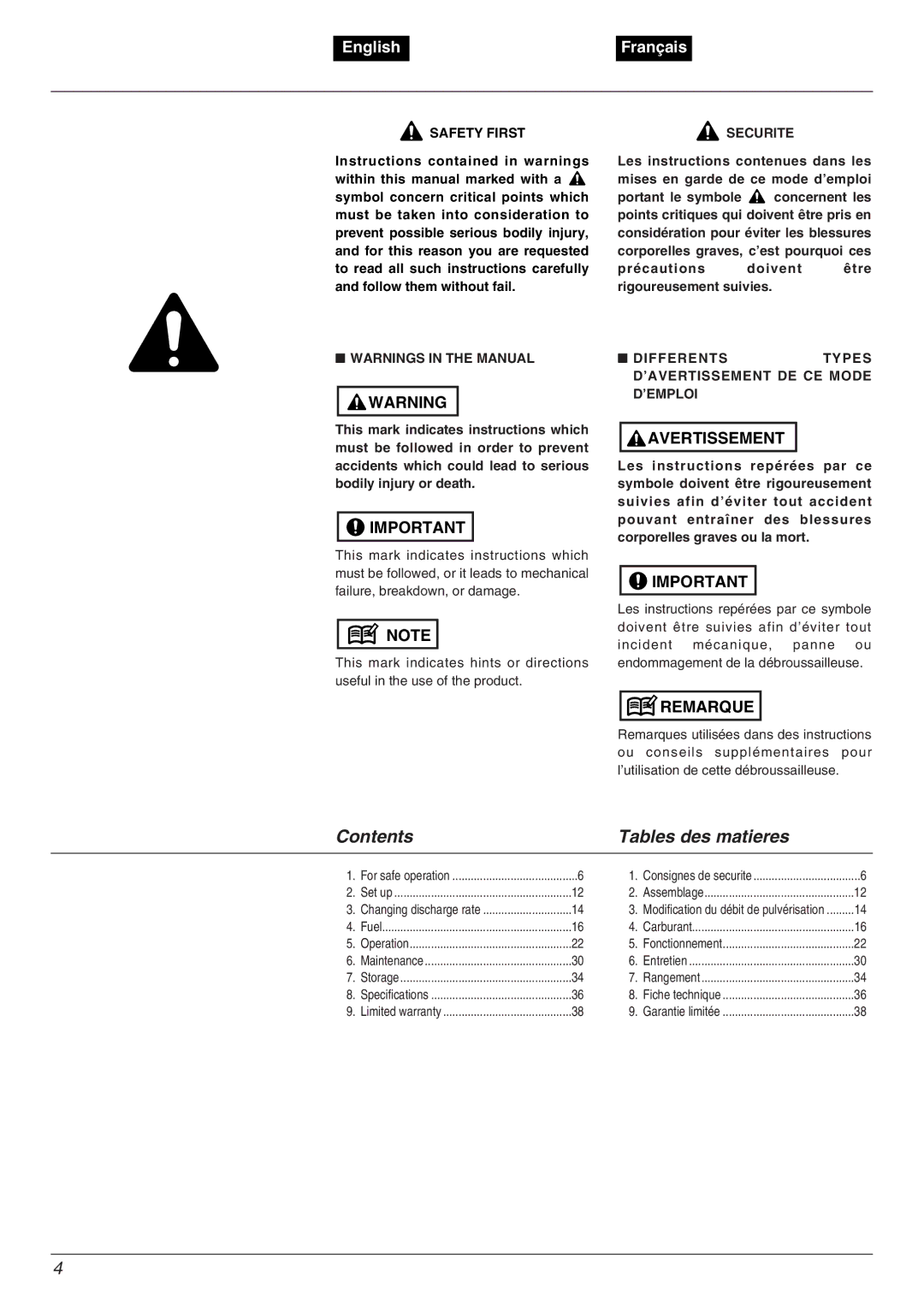 Zenoah MD6210 manual Contents Tables des matieres 