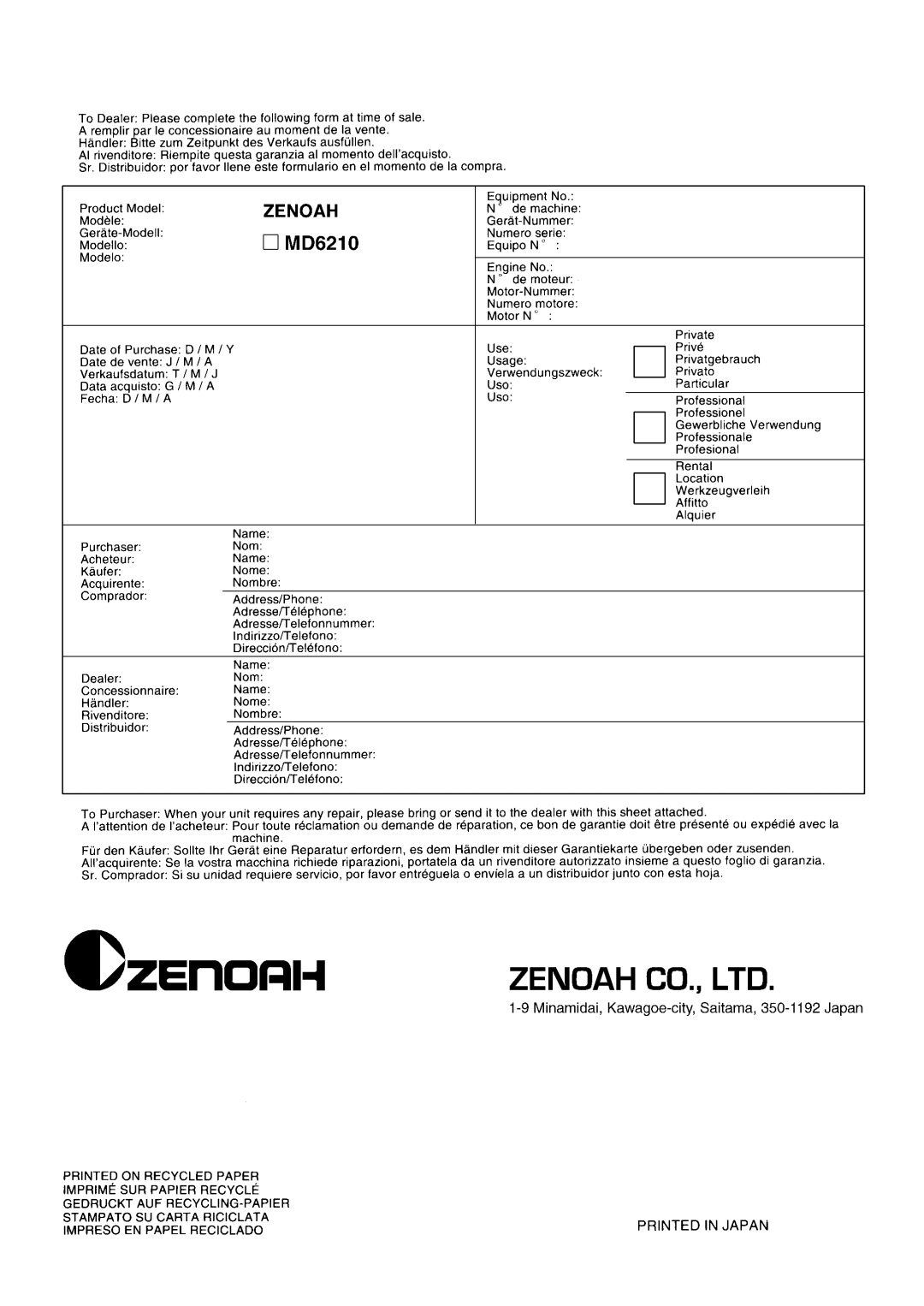 Zenoah MD6210 manual 