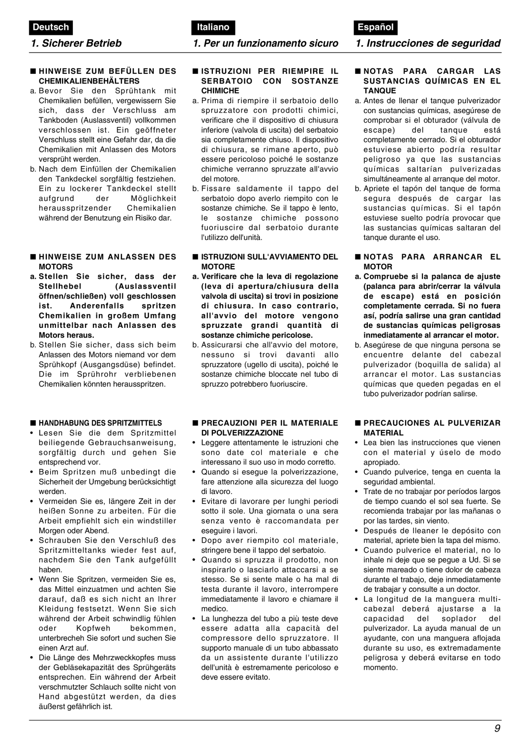 Zenoah MD6210 manual Hinweise ZUM Befüllen DES Chemikalienbehälters, Hinweise ZUM Anlassen DES Motors 