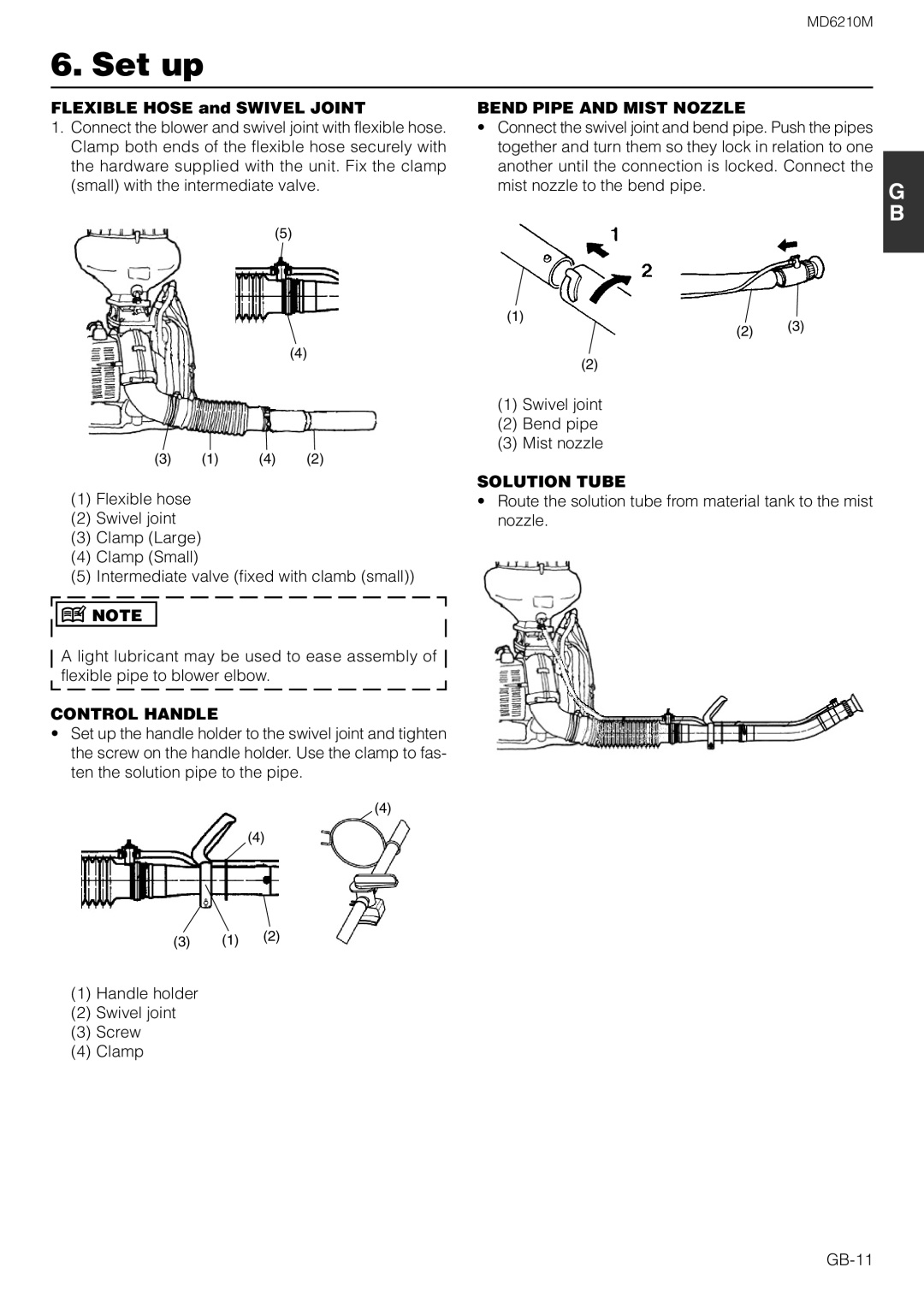 Zenoah MD6210M Set up, Flexible Hose and Swivel Joint, Control Handle, Bend Pipe and Mist Nozzle, Solution Tube 