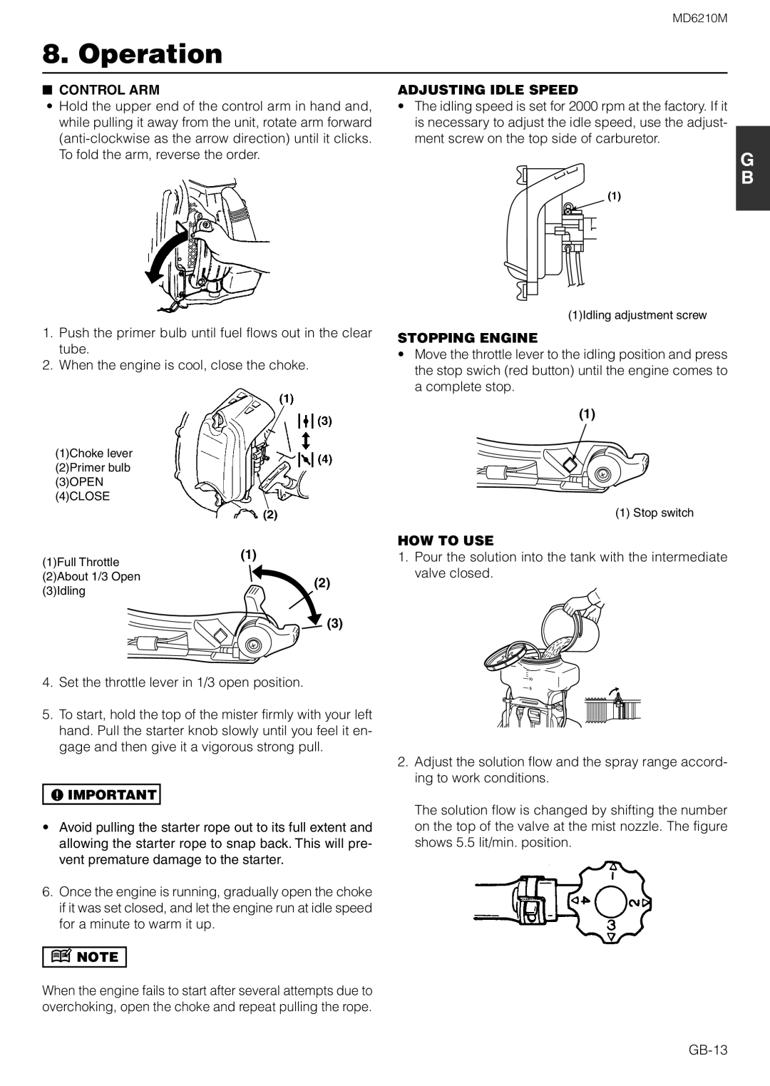 Zenoah MD6210M owner manual Operation, Control ARM, Adjusting Idle Speed, Stopping Engine, HOW to USE 