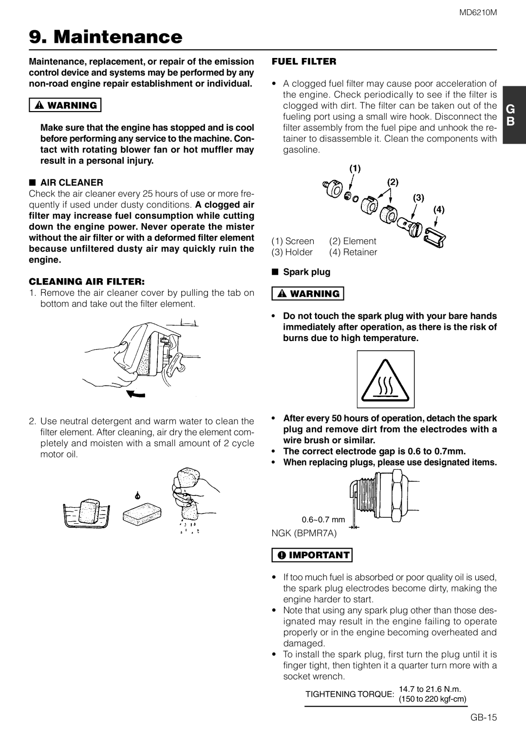 Zenoah MD6210M owner manual Maintenance, AIR Cleaner, Fuel Filter, Cleaning AIR Filter 