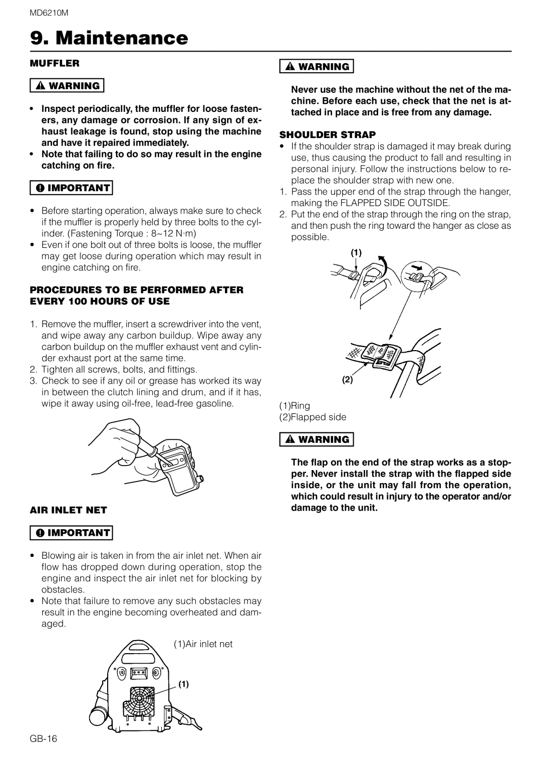 Zenoah MD6210M owner manual Muffler, Procedures to be Performed After Every 100 Hours of USE, AIR Inlet NET, Shoulder Strap 