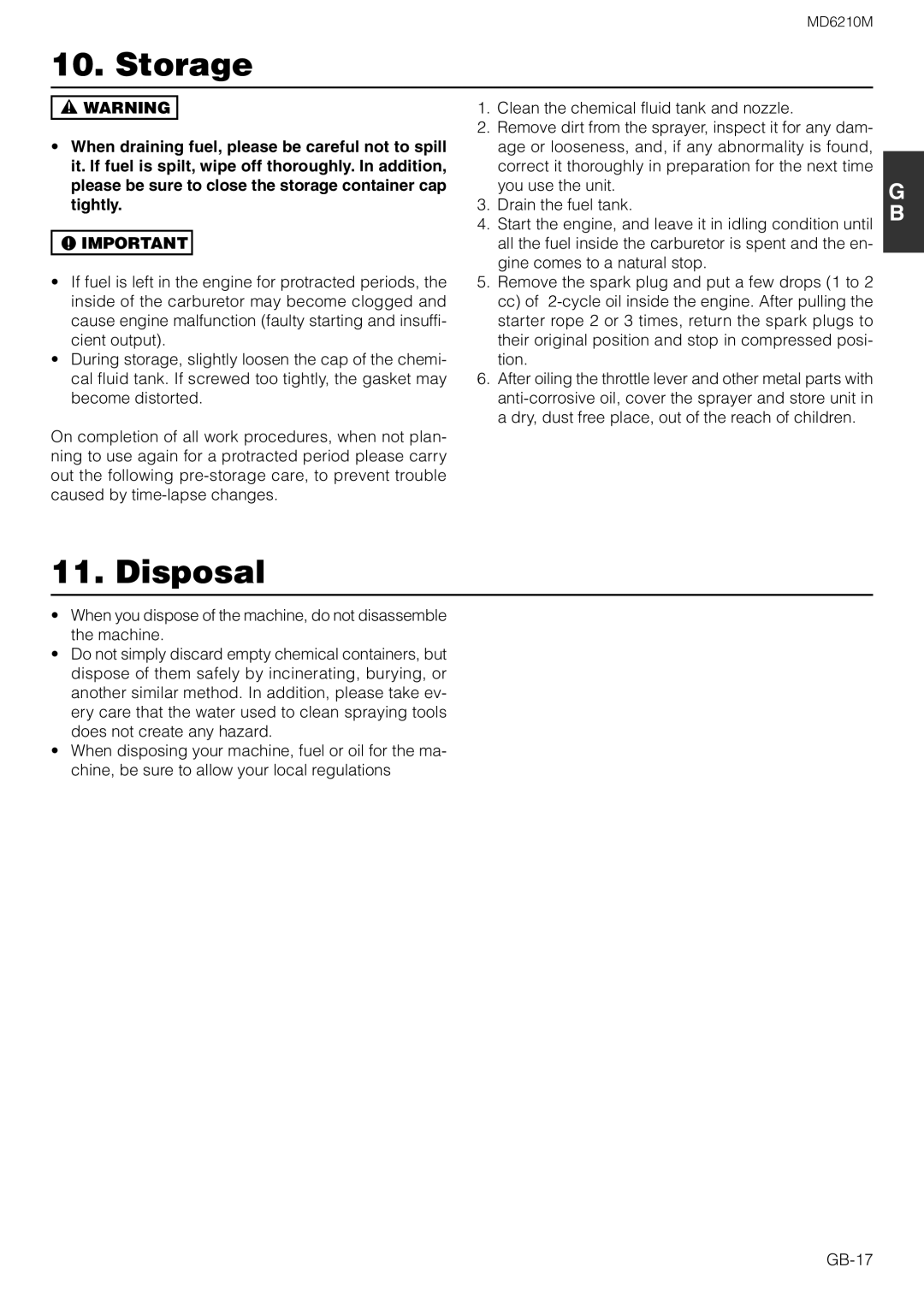 Zenoah MD6210M owner manual Storage, Disposal 