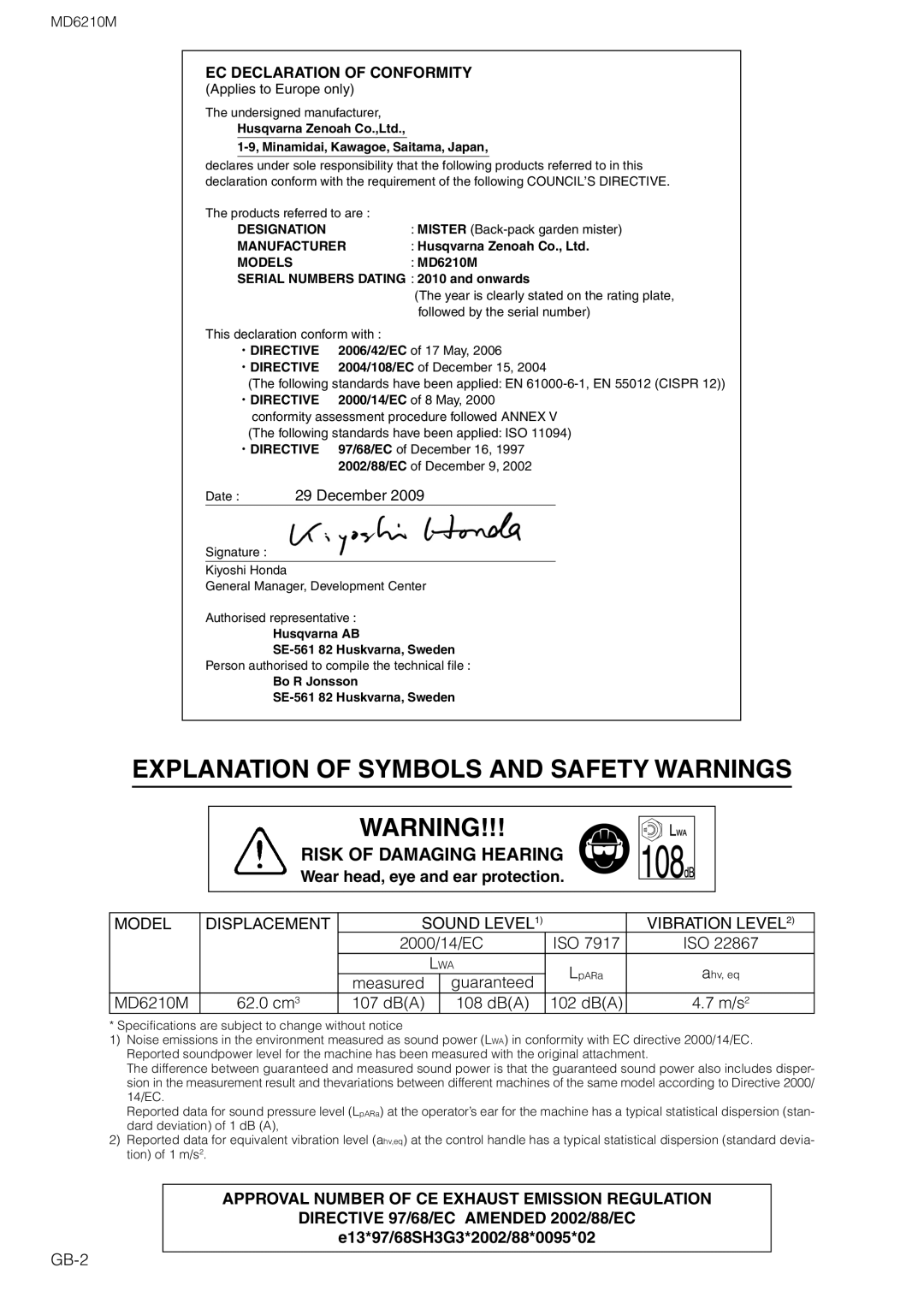 Zenoah owner manual Wear head, eye and ear protection, Measured, MD6210M 62.0 cm 107 dBA 108 dBA 102 dBA, GB-2 