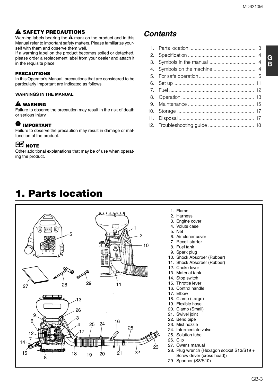 Zenoah MD6210M owner manual Parts location, Contents 