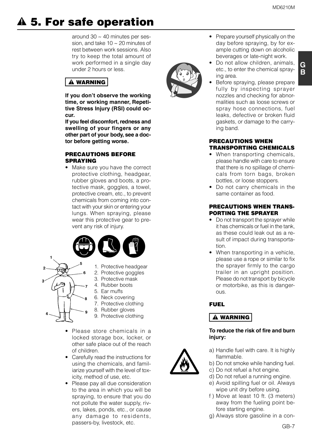 Zenoah MD6210M owner manual Precautions Before Spraying, Precautions When Transporting Chemicals, Fuel 