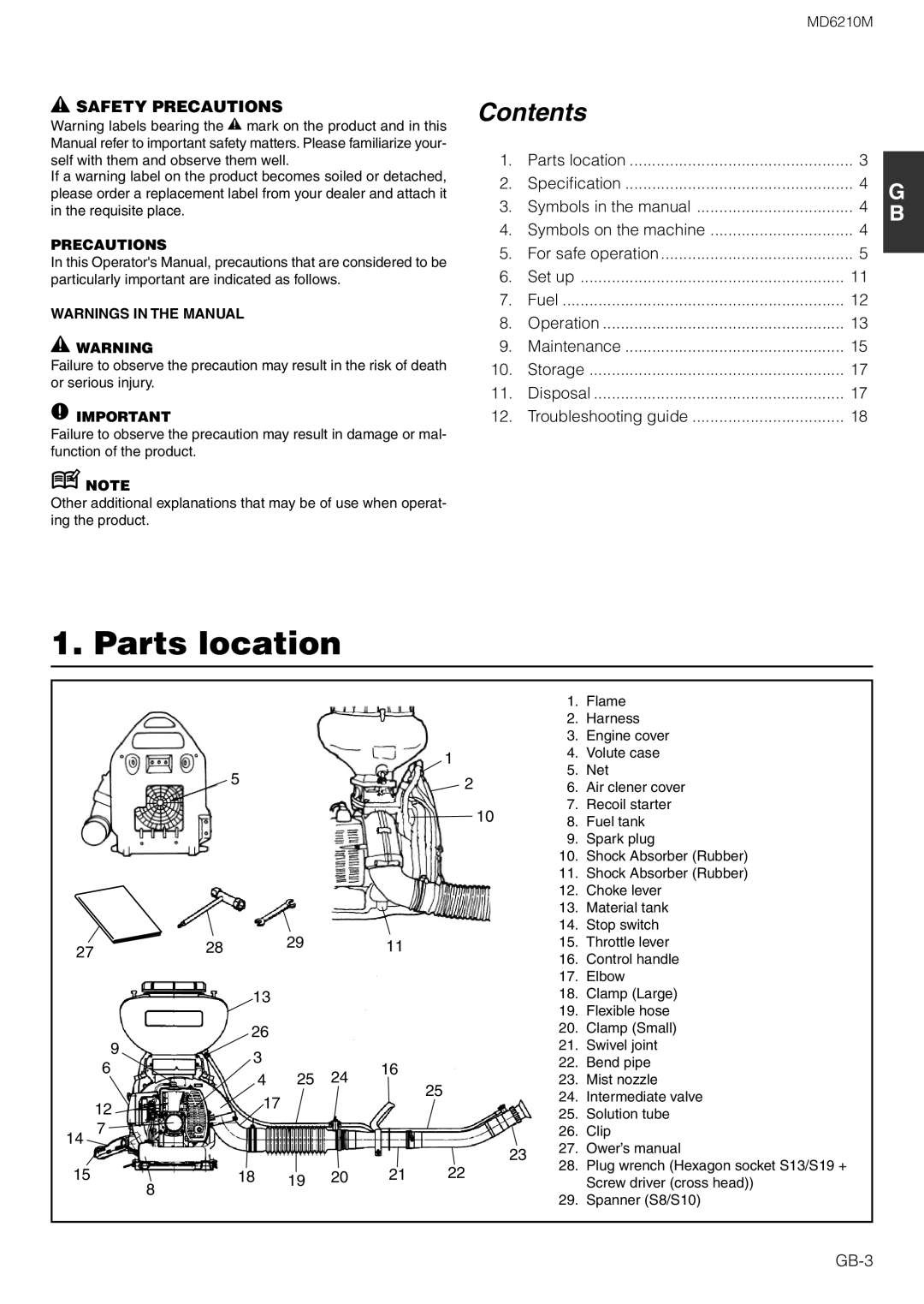Zenoah MD6210M owner manual Parts location, Safety Precautions, Contents 