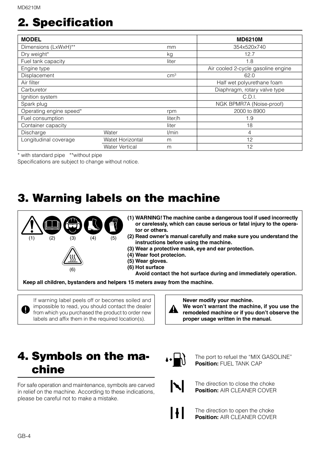 Zenoah MD6210M owner manual Specification, Warning labels on the machine, Symbols on the ma- chine, Model 