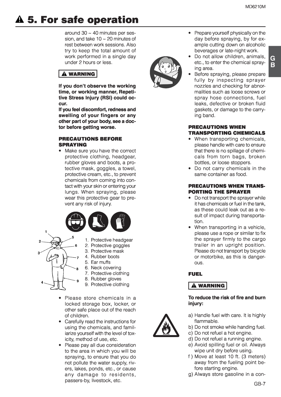 Zenoah MD6210M owner manual Precautions Before Spraying, Precautions When Transporting Chemicals, Fuel, For safe operation 