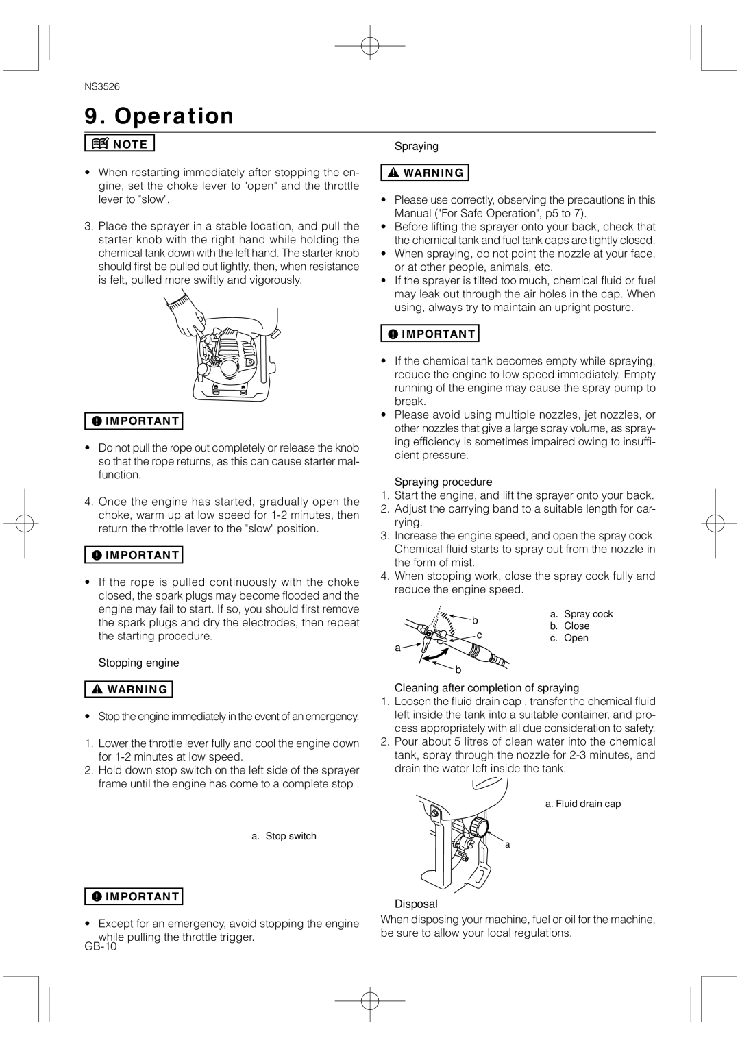 Zenoah NS3526 owner manual Stopping engine, Spraying procedure, Cleaning after completion of spraying, Disposal 