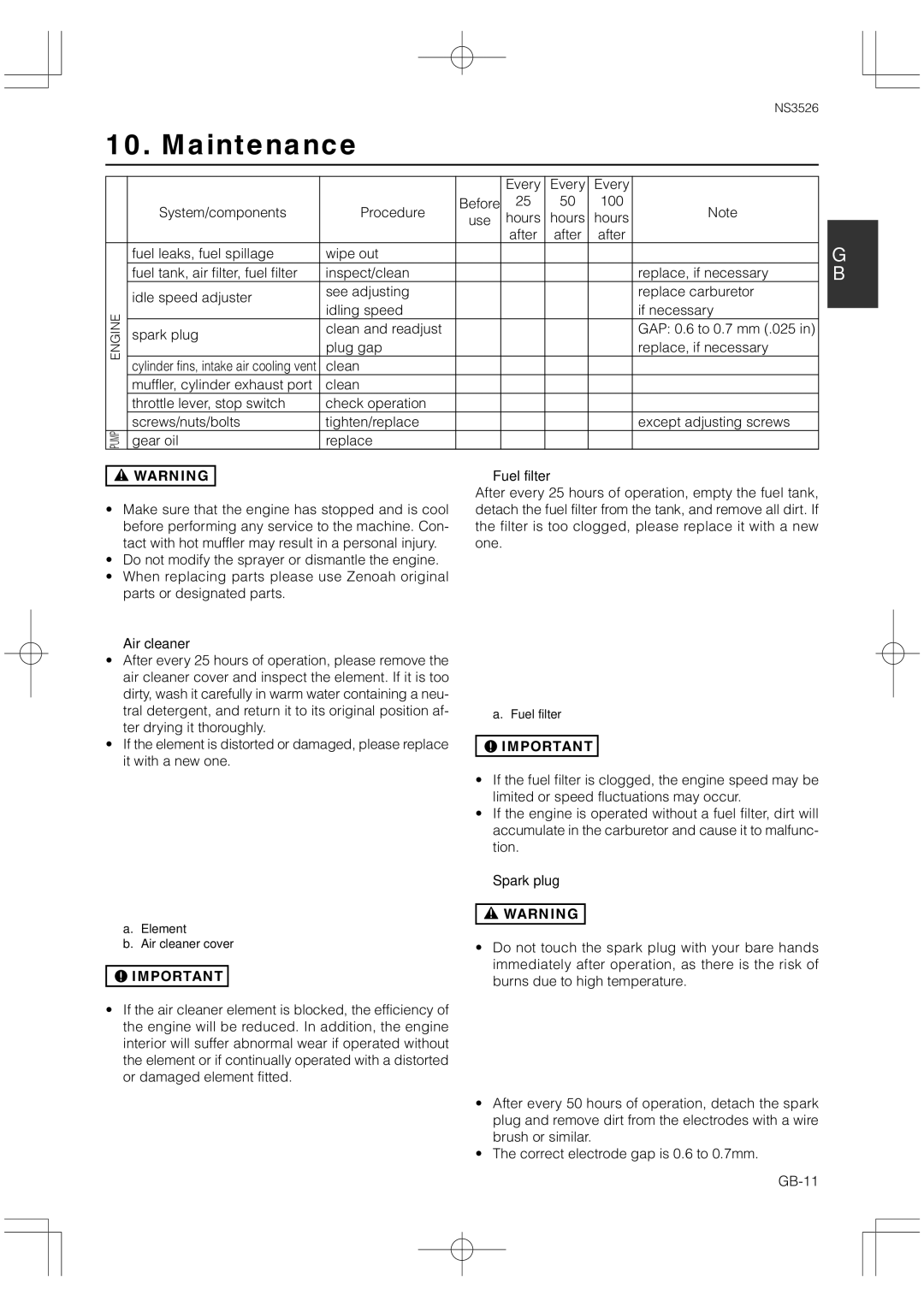 Zenoah NS3526 owner manual Maintenance, Air cleaner, Fuel filter, Spark plug 