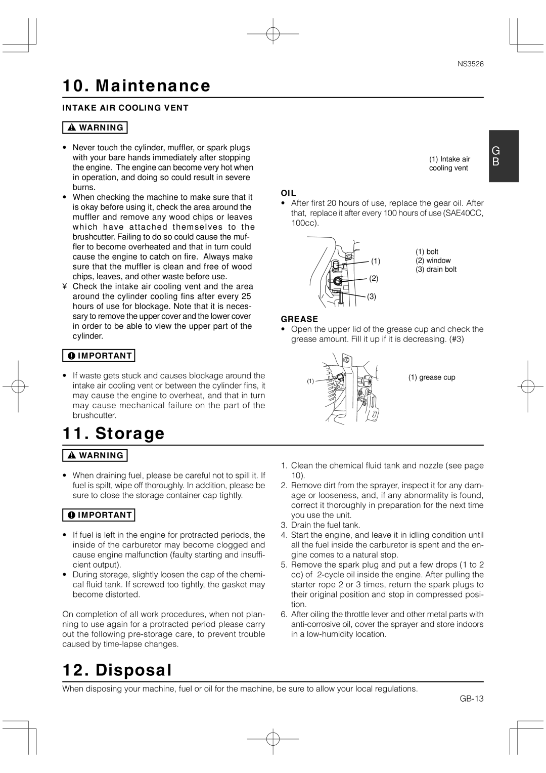 Zenoah NS3526 owner manual Storage, Disposal, Intake AIR Cooling Vent, Oil, Grease 