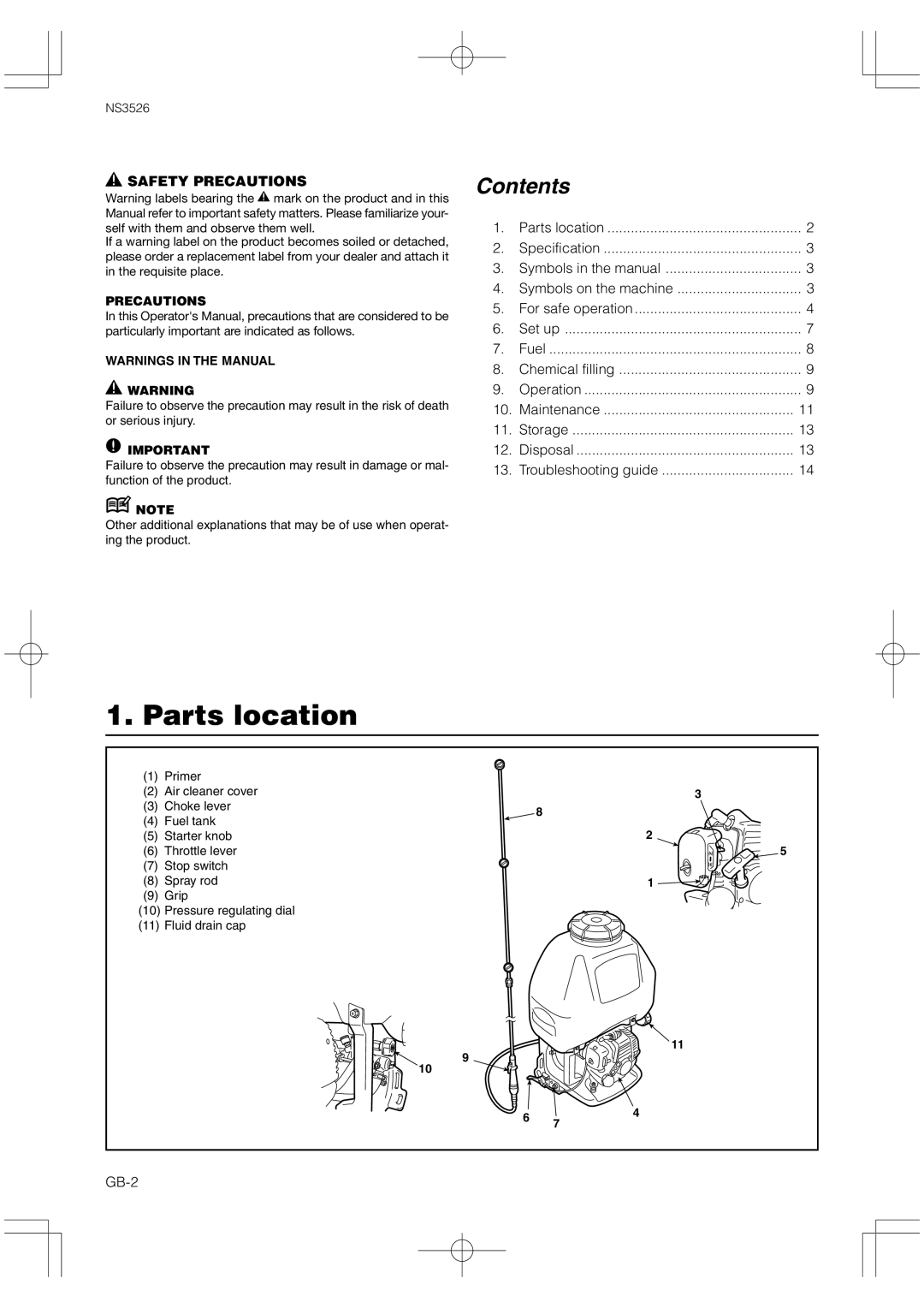 Zenoah NS3526 owner manual Parts location, Contents 