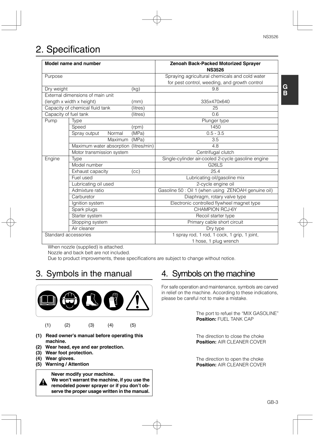 Zenoah NS3526 owner manual Specification, Purpose 