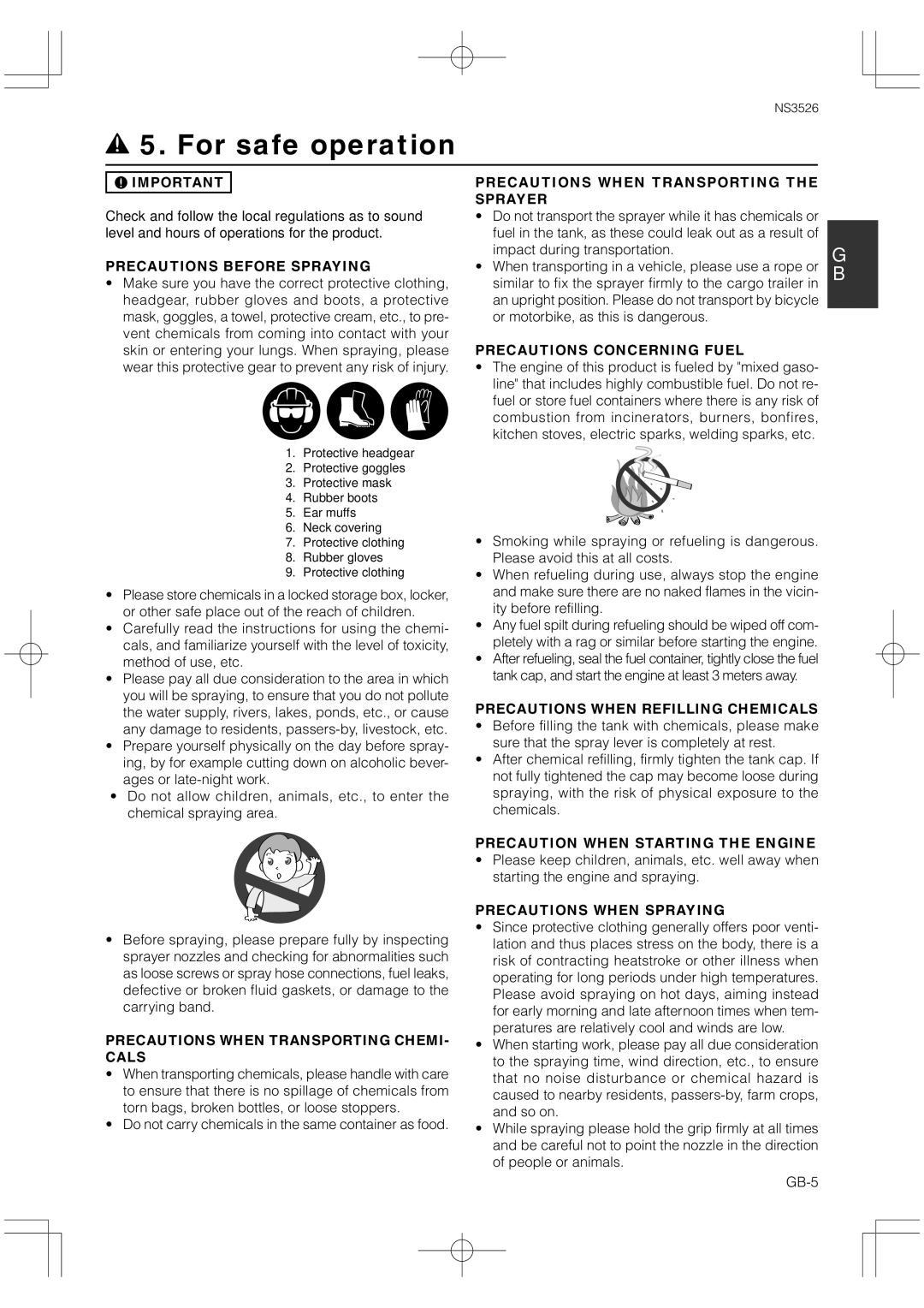 Zenoah NS3526 Precautions Before Spraying, Precautions When Transporting CHEMI- Cals, Precautions Concerning Fuel 