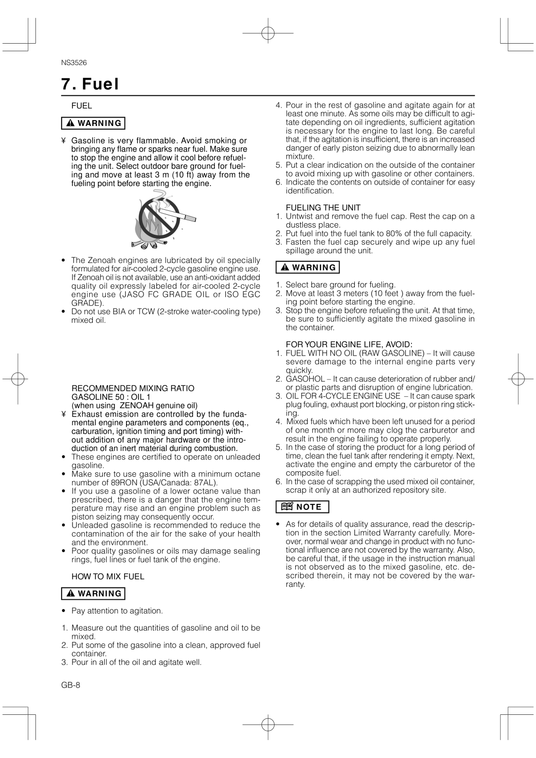 Zenoah NS3526 owner manual Fuel 