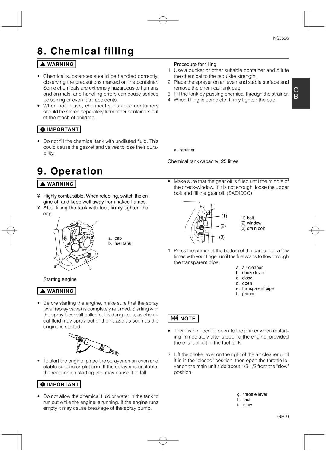 Zenoah NS3526 owner manual Chemical filling, Operation 