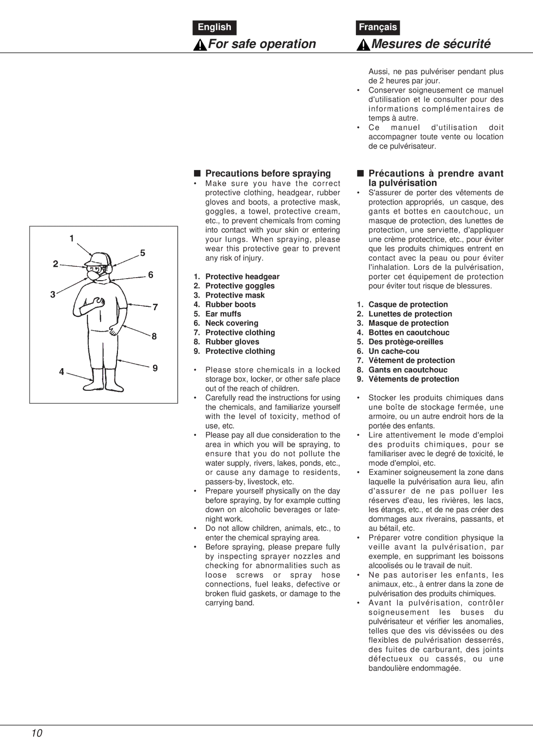 Zenoah NS531 manual Precautions before spraying, Précautions à prendre avant la pulvérisation 