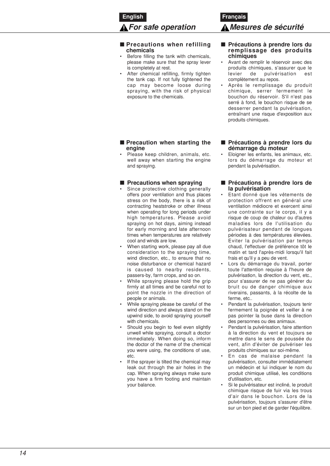 Zenoah NS531 manual Precautions when refilling chemicals, Precaution when starting the engine, Precautions when spraying 