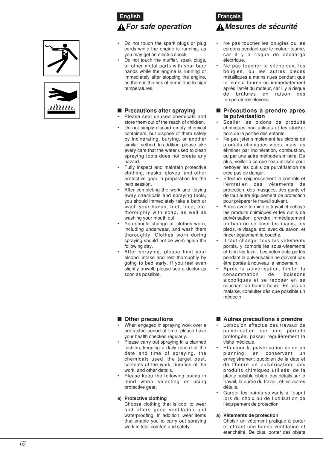 Zenoah NS531 manual Precautions after spraying, Précautions à prendre après la pulvérisation, Other precautions 