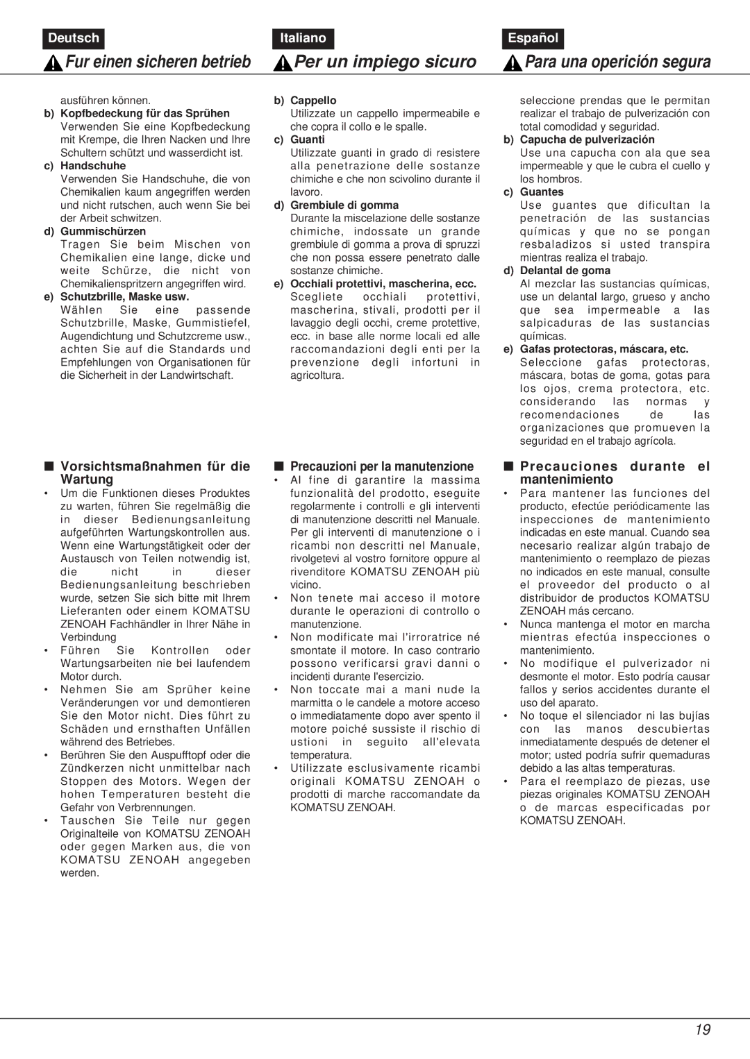 Zenoah NS531 Vorsichtsmaßnahmen für die Wartung, Precauzioni per la manutenzione, Precauciones durante el mantenimiento 