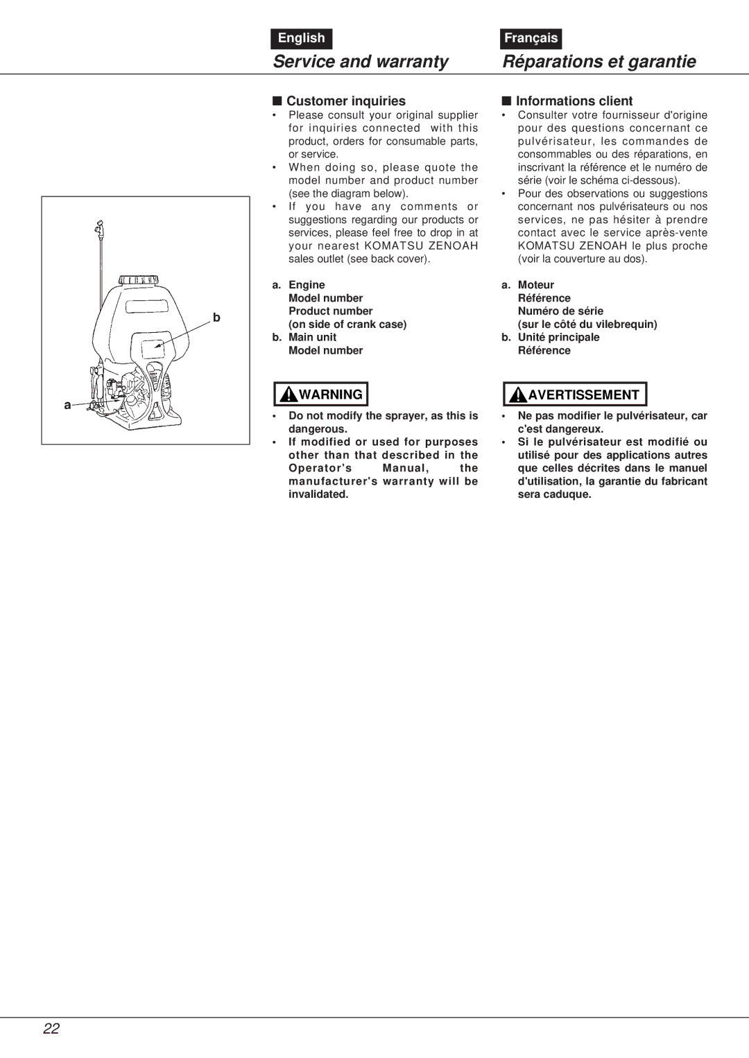 Zenoah NS531 manual Service and warranty, Réparations et garantie, Customer inquiries, Informations client 