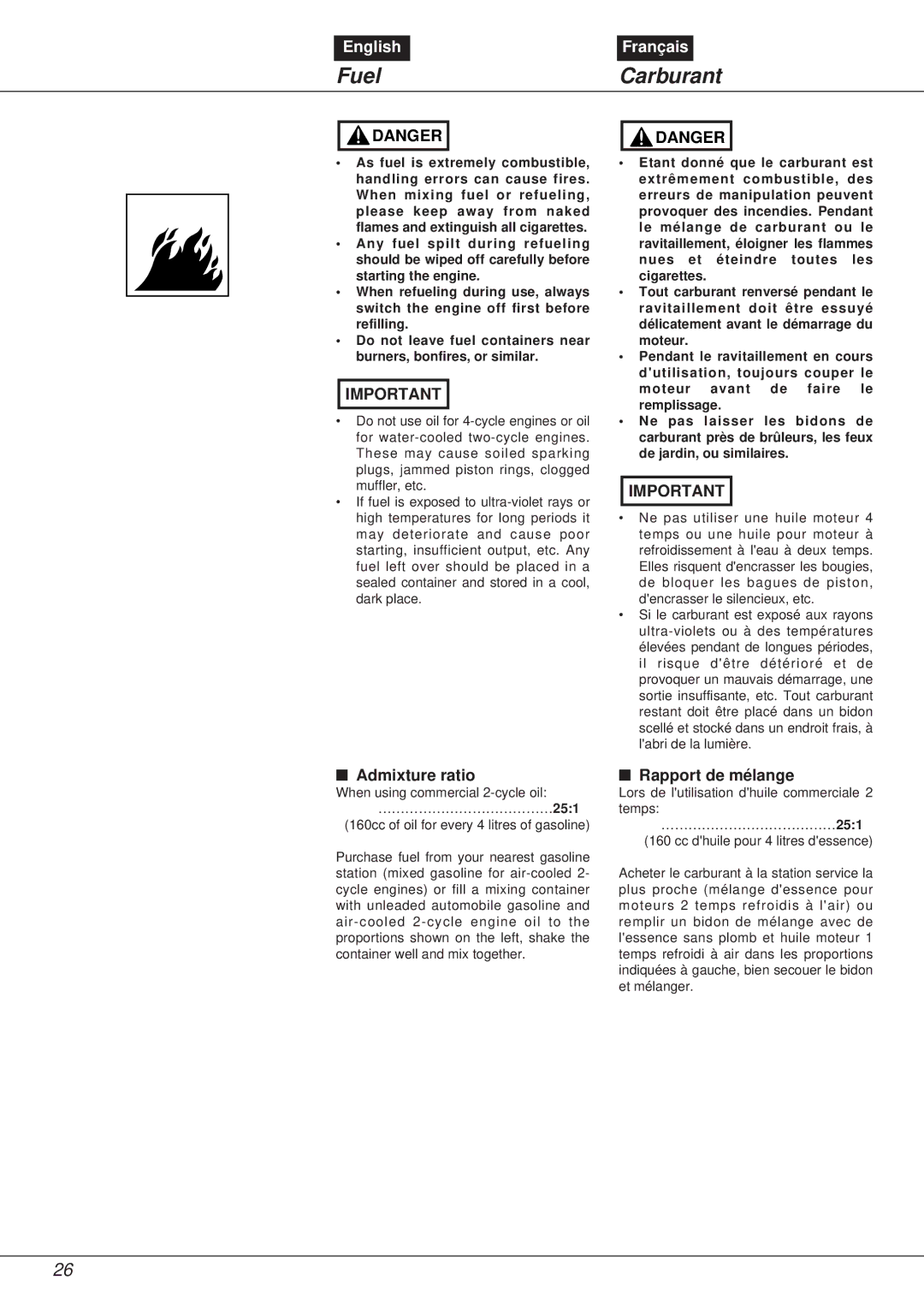 Zenoah NS531 manual Fuel, Carburant, Admixture ratio, Rapport de mélange, 251 