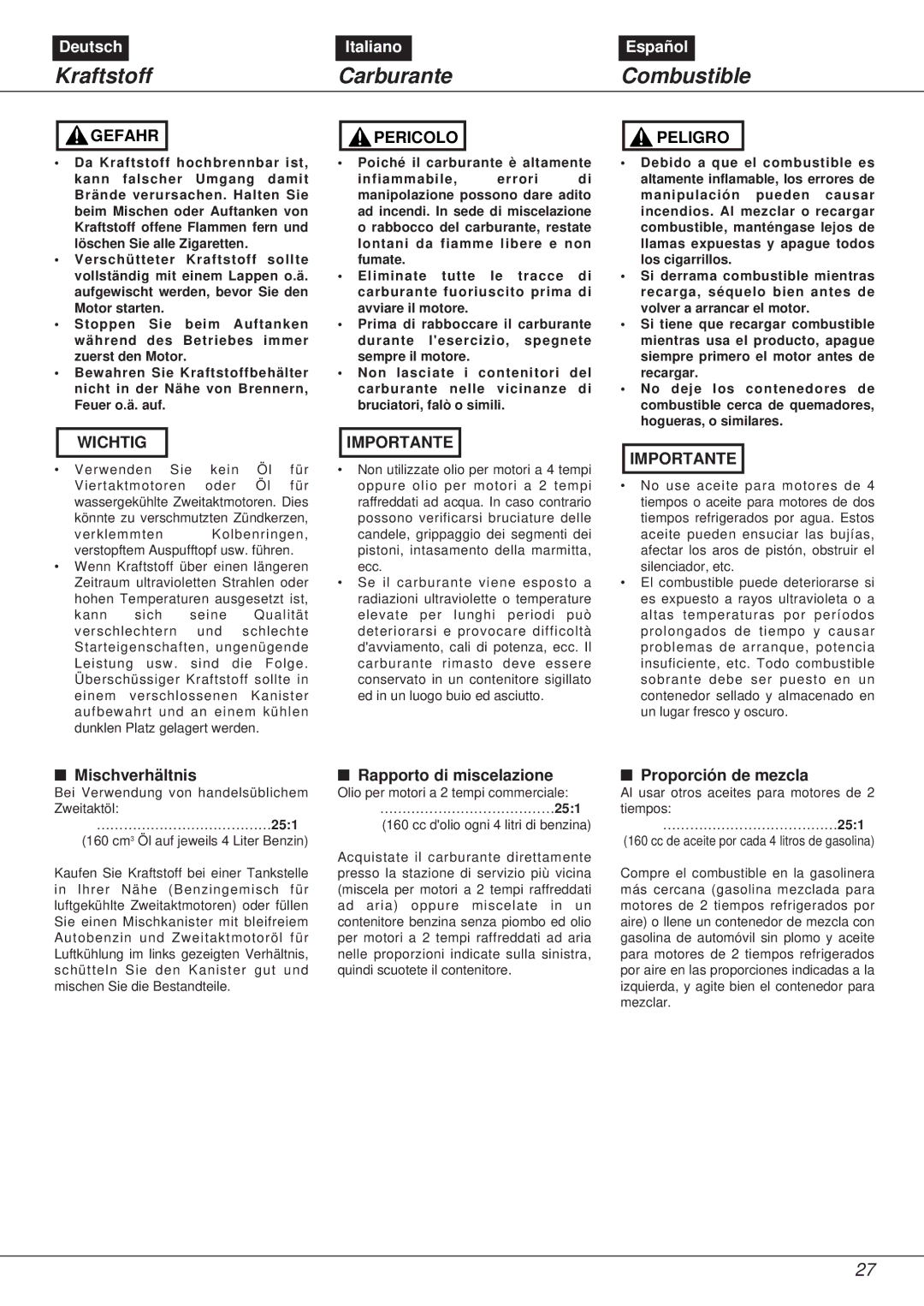 Zenoah NS531 manual Kraftstoff, Carburante, Combustible 