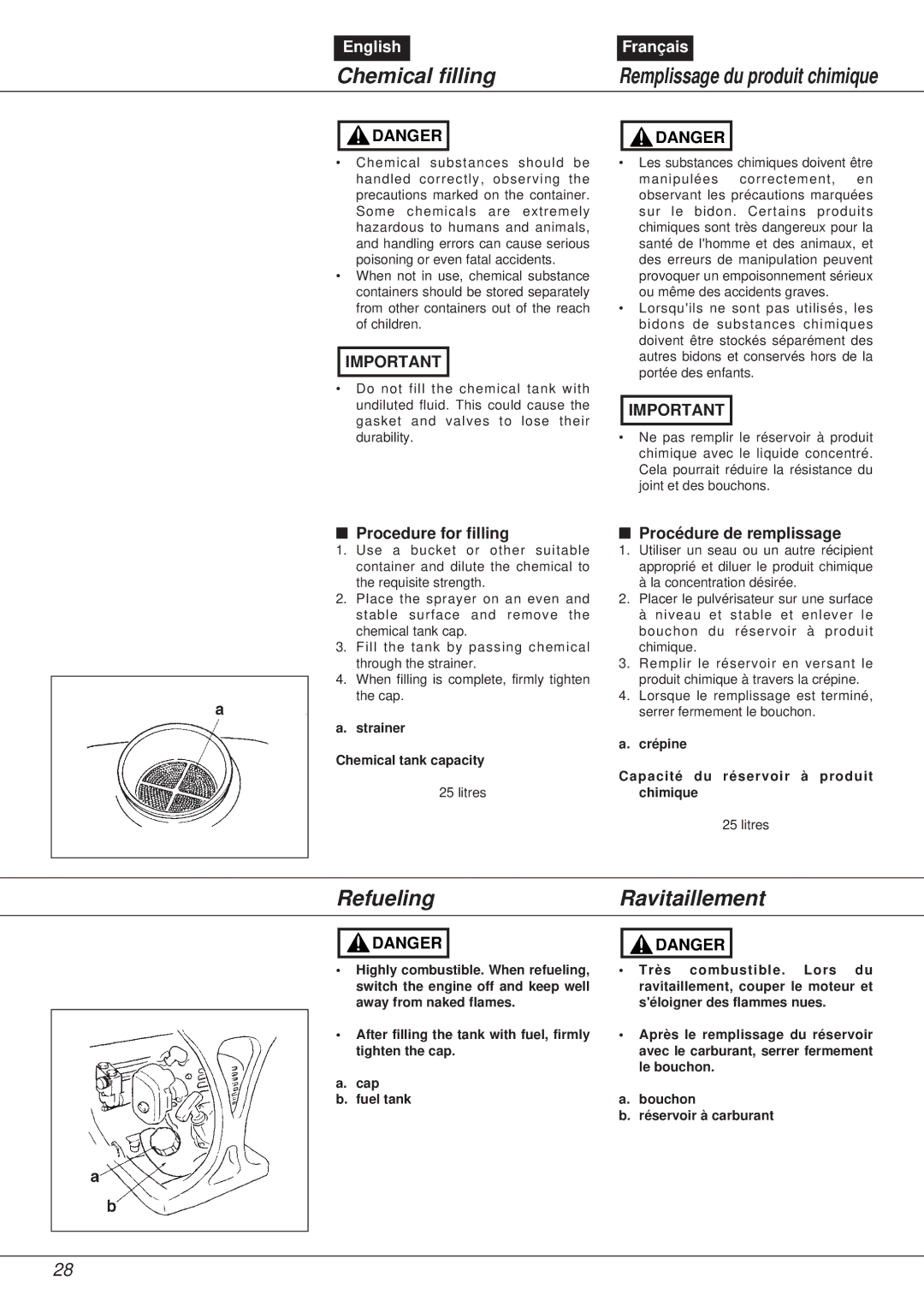 Zenoah NS531 manual Chemical filling, Refueling, Ravitaillement, Procedure for filling, Procédure de remplissage 