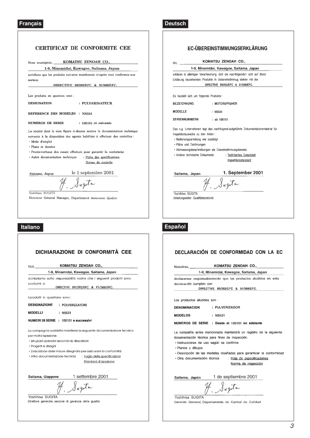 Zenoah NS531 manual Français Deutsch Italiano Español 